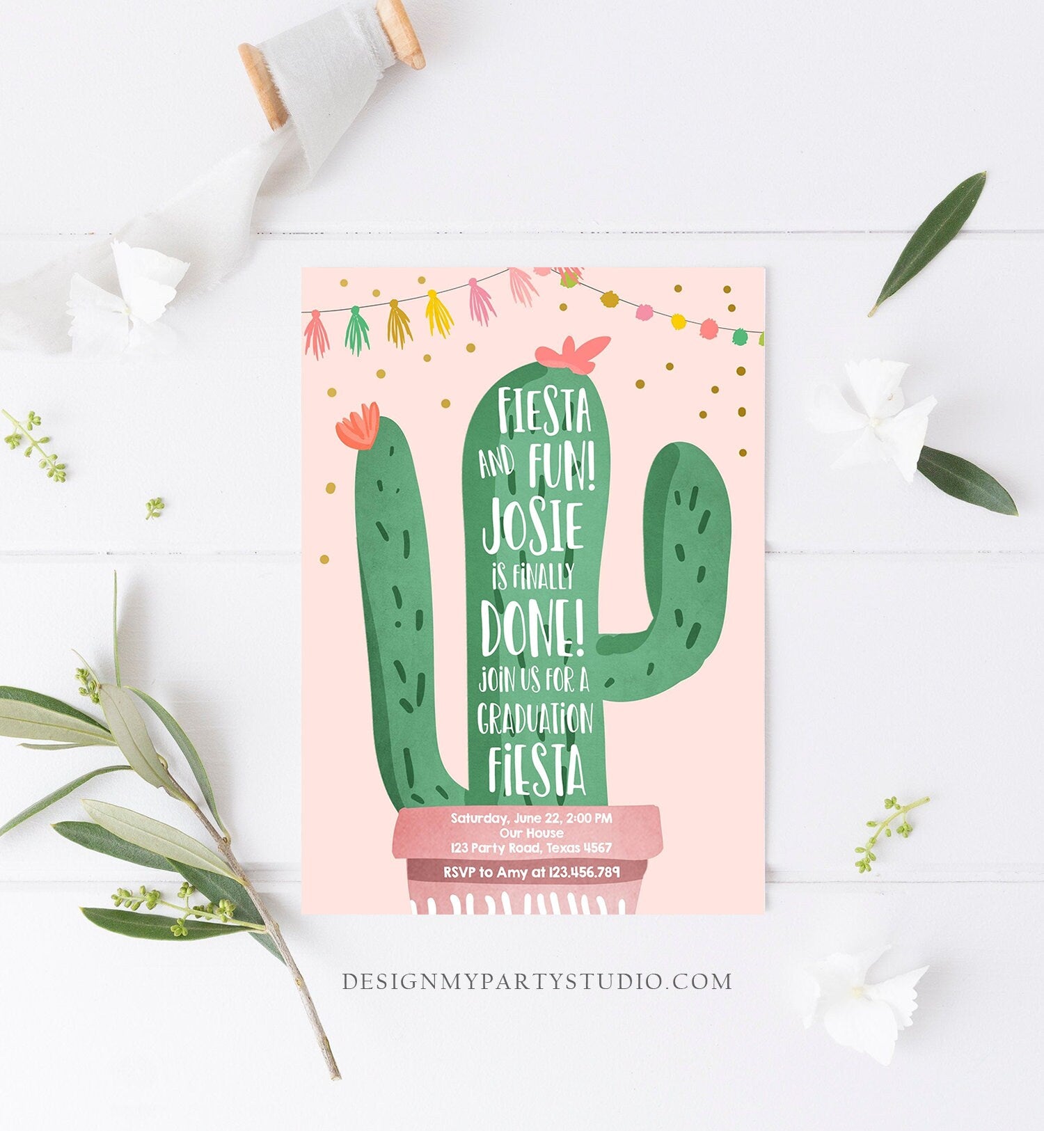 Editable Graduation Fiesta and Fun Party Invitation Finally Done Let's Fiesta Cactus College High School Grad Corjl Template Printable 0255