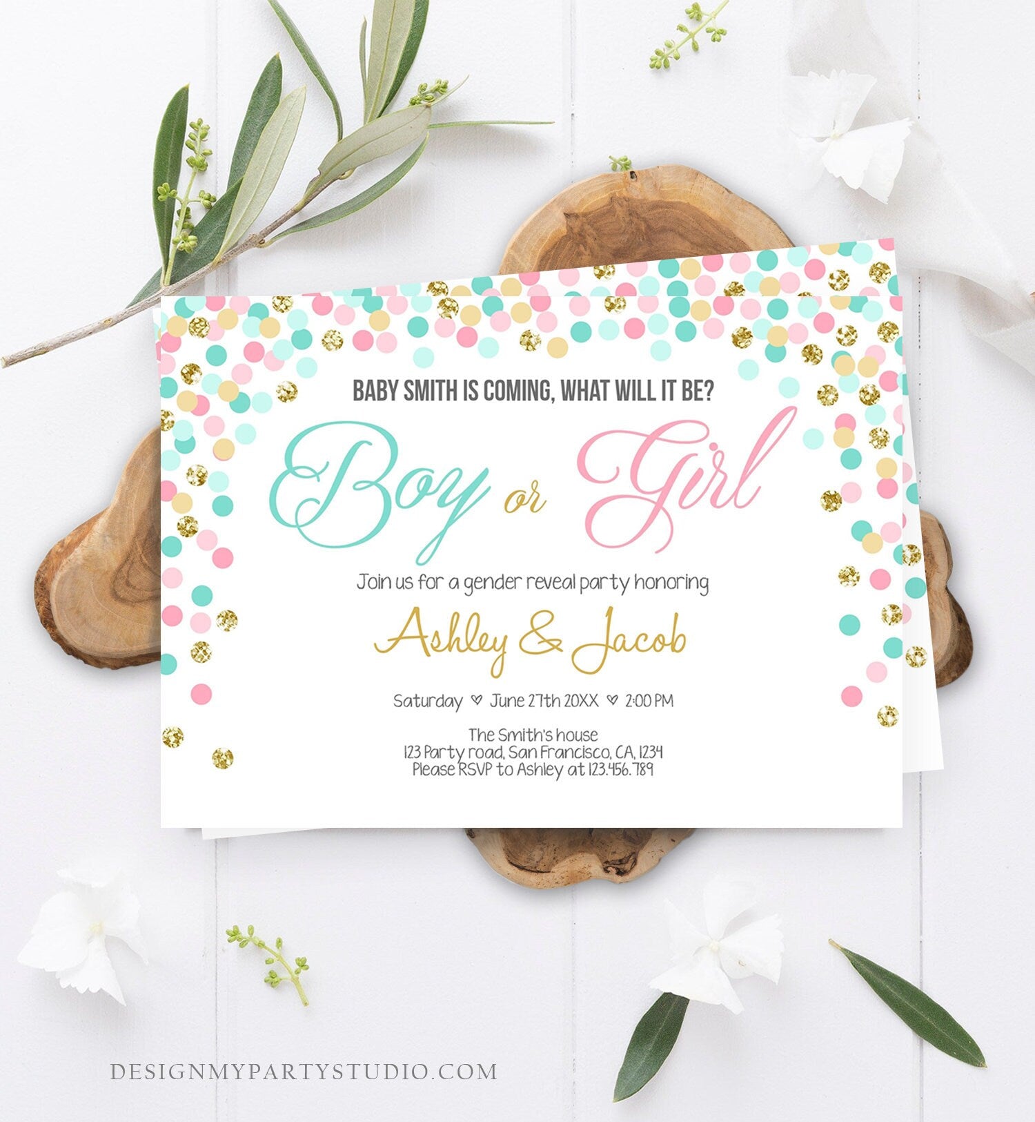 Editable Gender Reveal Invitation Confetti Blue or Pink Gold Boy or Girl He or She Rustic Instant Download Printable Template Corjl 0133