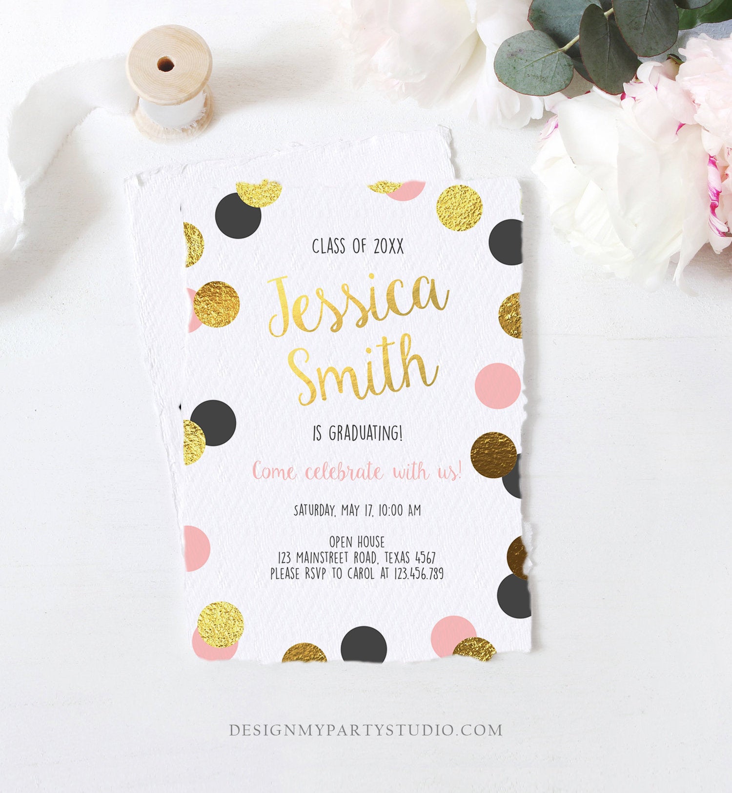 Editable Graduation Party Invitation Gold Pink Girl Polka Dots Glamorous College High School Grad Download Corjl Template Printable 0304