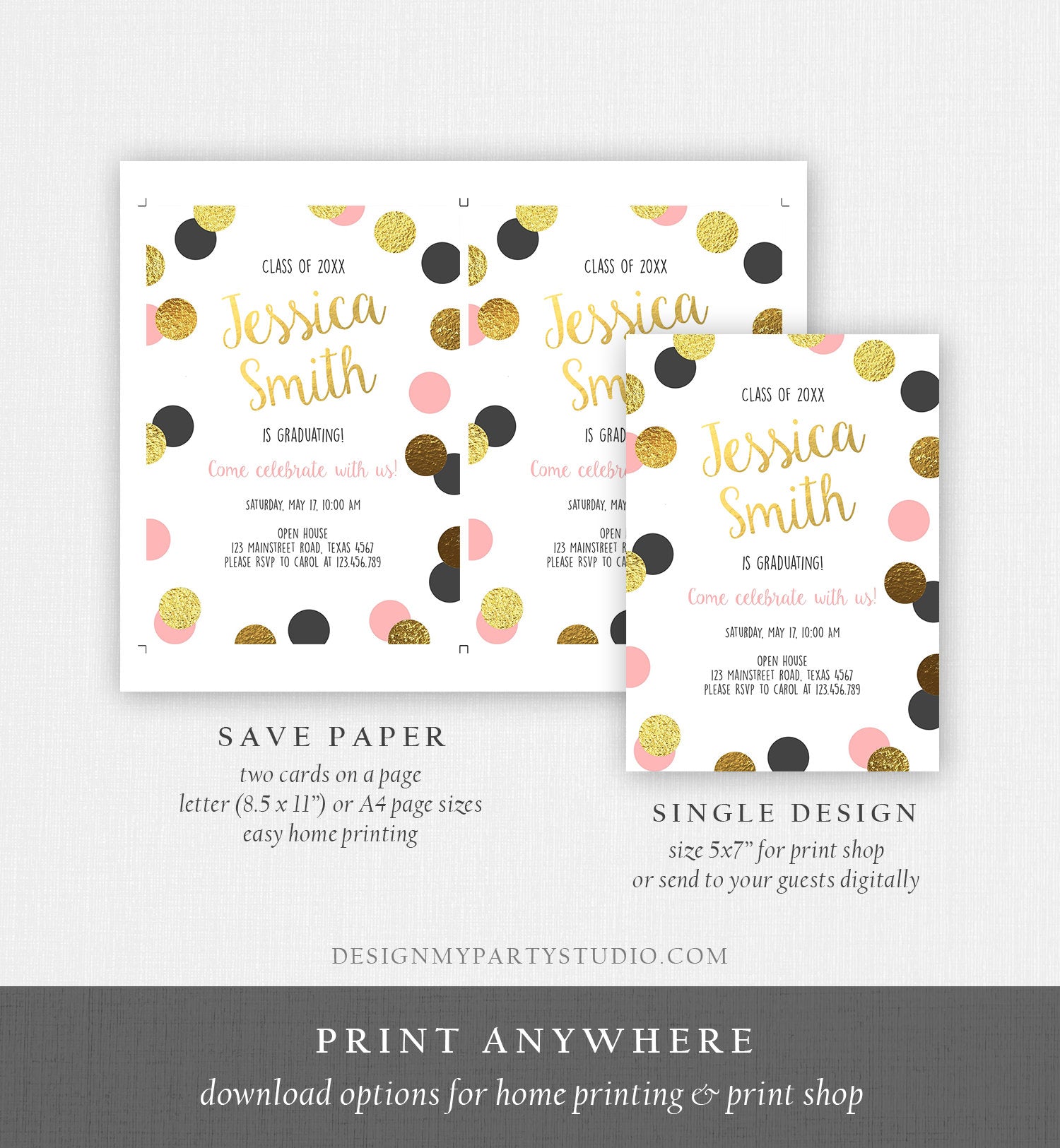 Editable Graduation Party Invitation Gold Pink Girl Polka Dots Glamorous College High School Grad Download Corjl Template Printable 0304