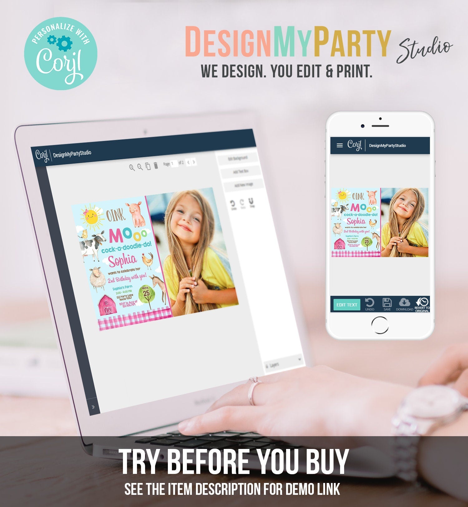 Editable Farm Birthday Invitation Girl Farm Animals Pink Barnyard Party Invite Download Printable Invitation Template Digital Corjl 0160