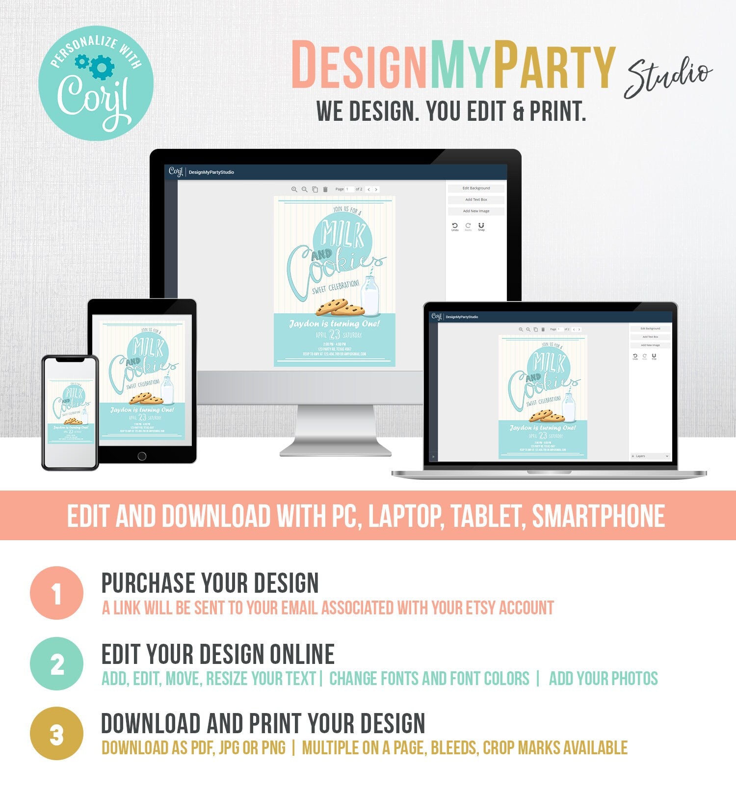 Editable Milk and Cookies Birthday Invitation Milk & Cookies Party Boy Birthday Blue First Birthday Printable Download Template Corjl 0088