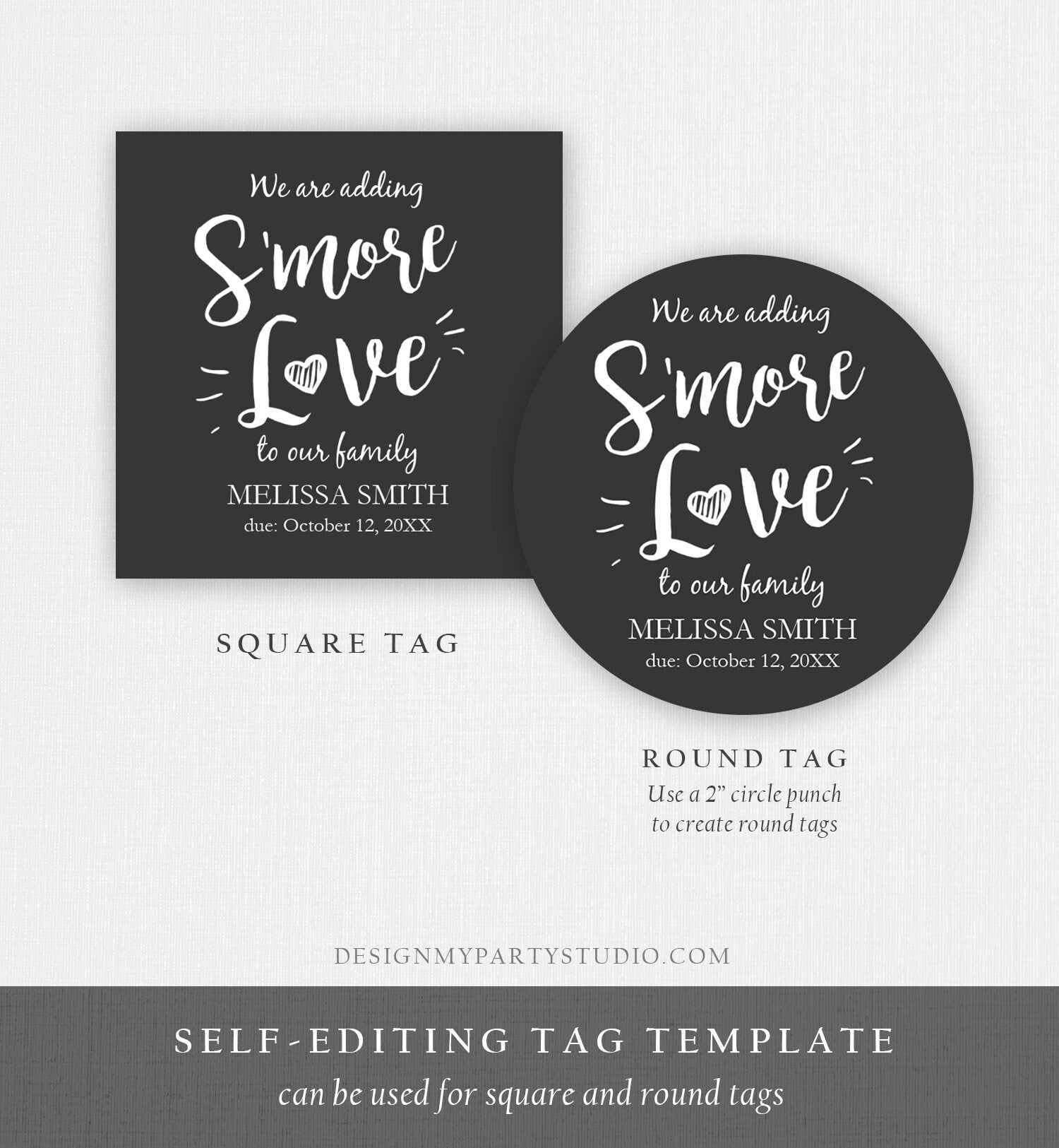 Editable Smore Love Favor Tag We Are Adding S'more Love To Our Family Square Round Baby Shower Favors Download Corjl Template PRINTABLE 0276