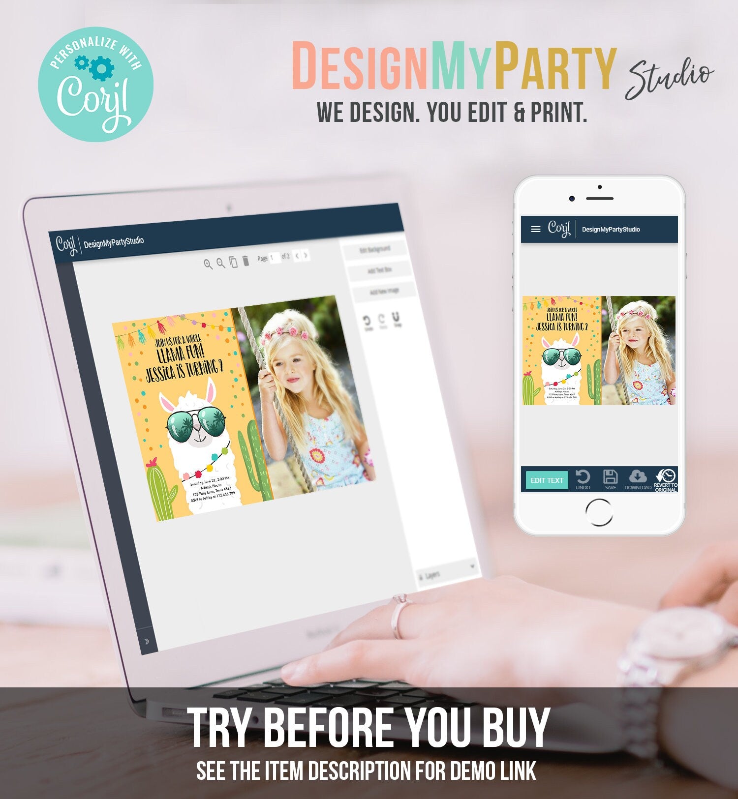 Editable Whole Llama Fun Birthday Invitation Llama Fiesta Cactus Confetti Girl Yellow Alpaca Photo Download Printable Template Corjl 0079