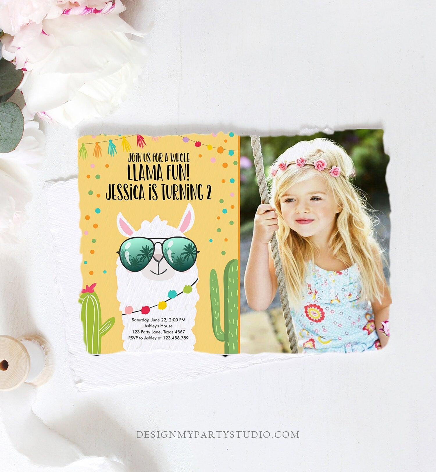Editable Whole Llama Fun Birthday Invitation Llama Fiesta Cactus Confetti Girl Yellow Alpaca Photo Download Printable Template Corjl 0079