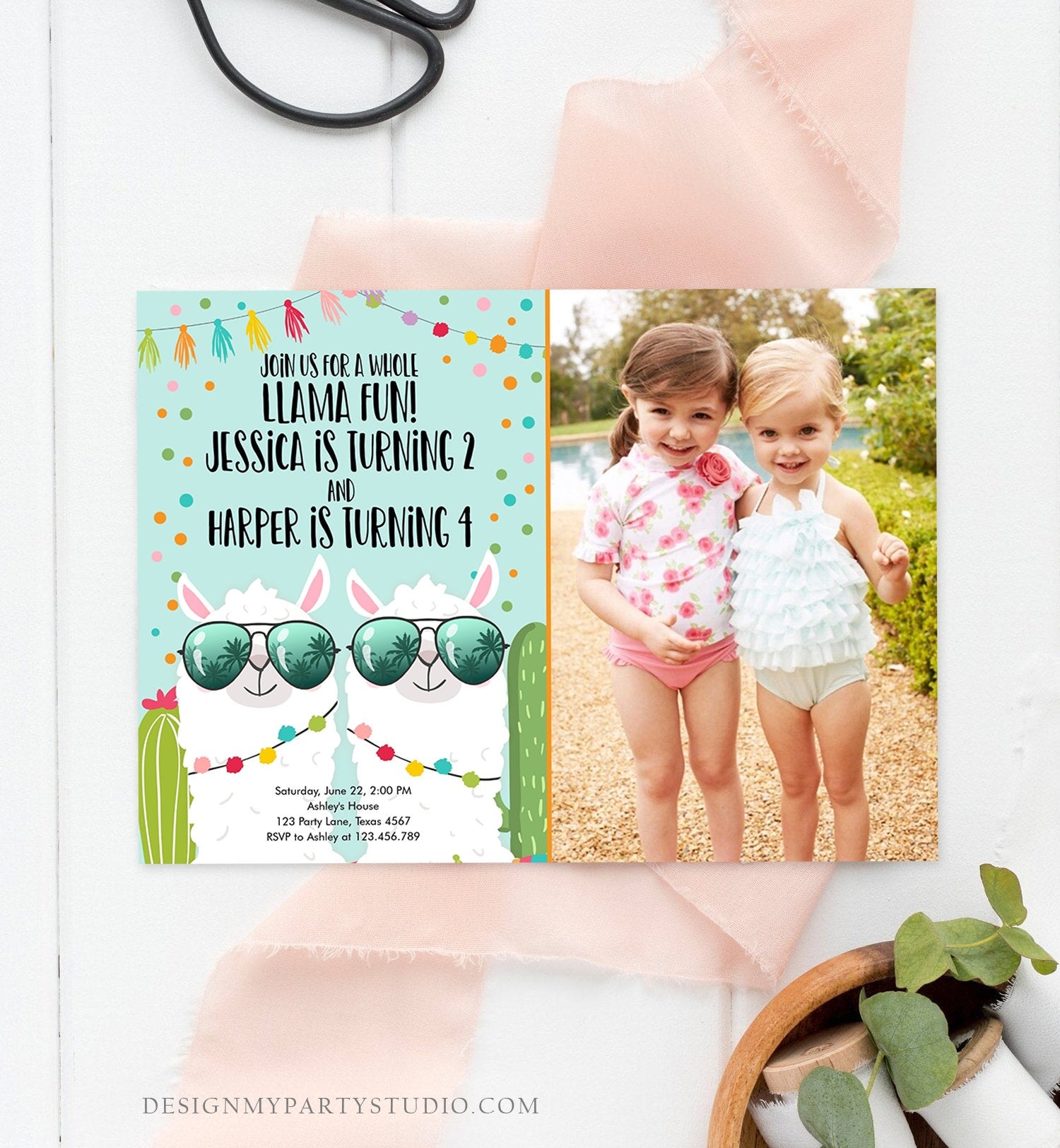 Editable Whole Llama Fun Birthday Invitation Joined Coed Twin Twins Llamas Fiesta Cactus Confetti Girl Blue Photo Alpaca Template Corjl 0079