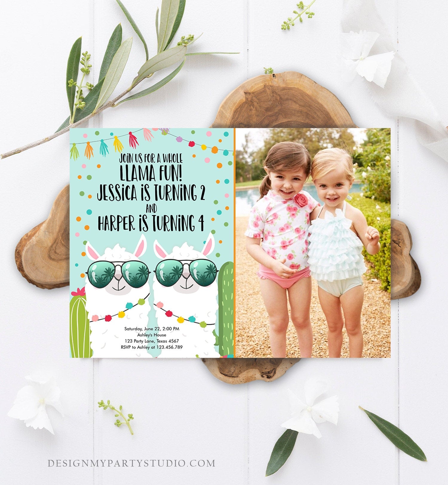 Editable Whole Llama Fun Birthday Invitation Joined Coed Twin Twins Llamas Fiesta Cactus Confetti Girl Blue Photo Alpaca Template Corjl 0079
