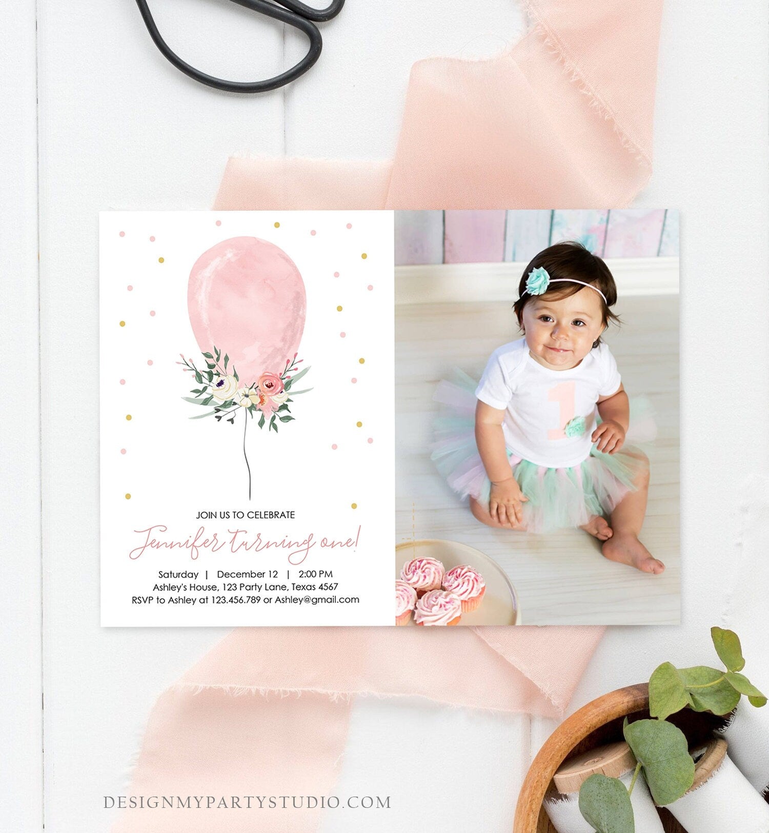 Editable First Birthday Invitation Pink Balloon Girl 1st Birthday Floral Balloon Pink Gold Confetti Download Printable Template Corjl 0221