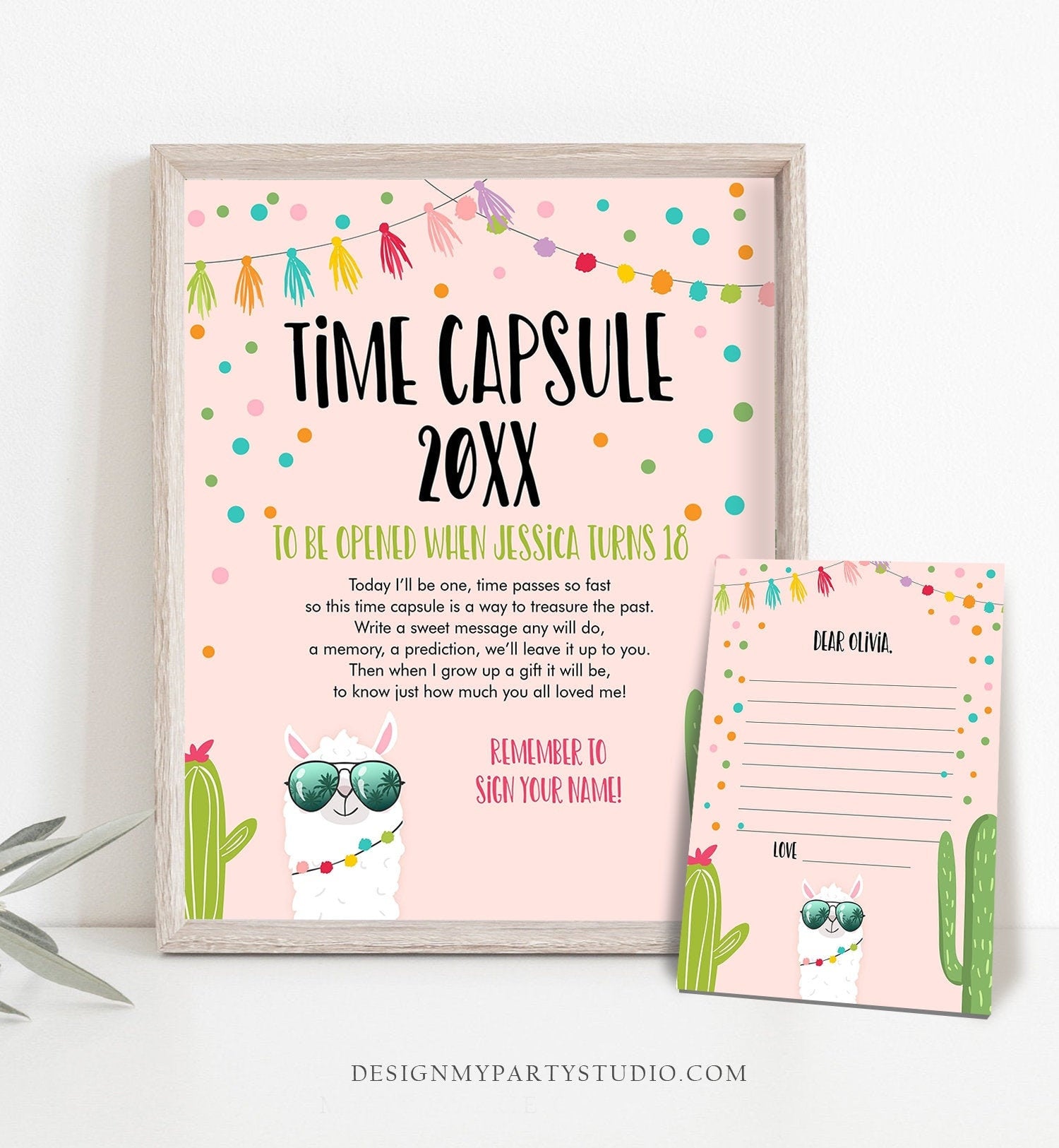 Editable Llama Time Capsule Birthday Fiesta Llama Sunglasses Guestbook Wishes for Baby Shower Pink Girl Corjl Template Printable 0079