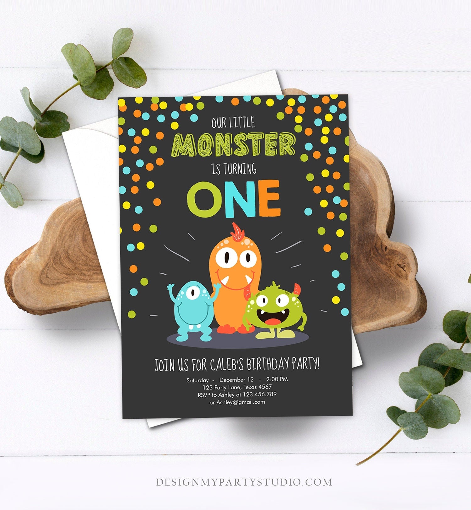 Editable Little Monster Birthday Invitation First Birthday Party Monsters Boy Confetti 1st Orange Blue Chalk Printable Corjl Template 0058
