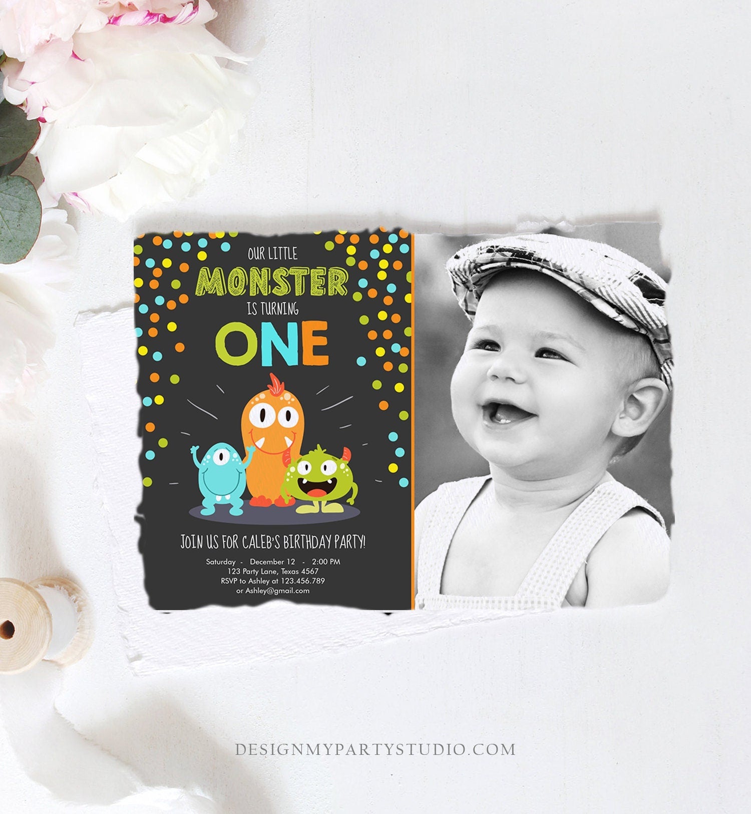 Editable Little Monster Birthday Invitation First Birthday Party Monsters Boy Confetti 1st Orange Blue Photo Printable Corjl Template 0058