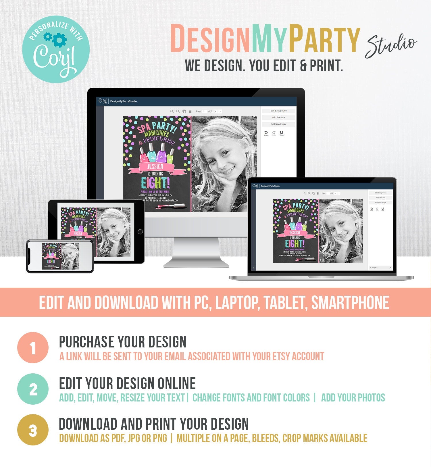 Editable Spa Birthday Invitation Manicures Pedicure Nail Salon Party Pink Purple Girl Instant Download Printable Corjl Template Digital 0210