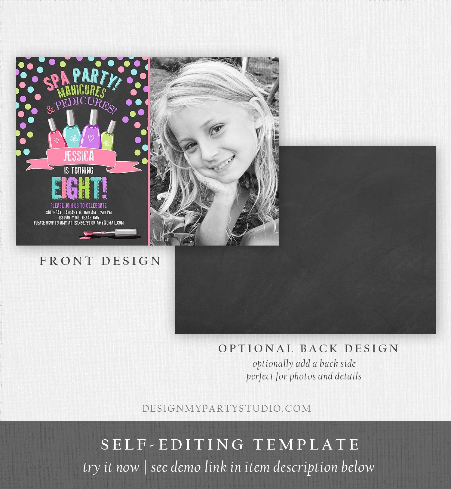 Editable Spa Birthday Invitation Manicures Pedicure Nail Salon Party Pink Purple Girl Instant Download Printable Corjl Template Digital 0210