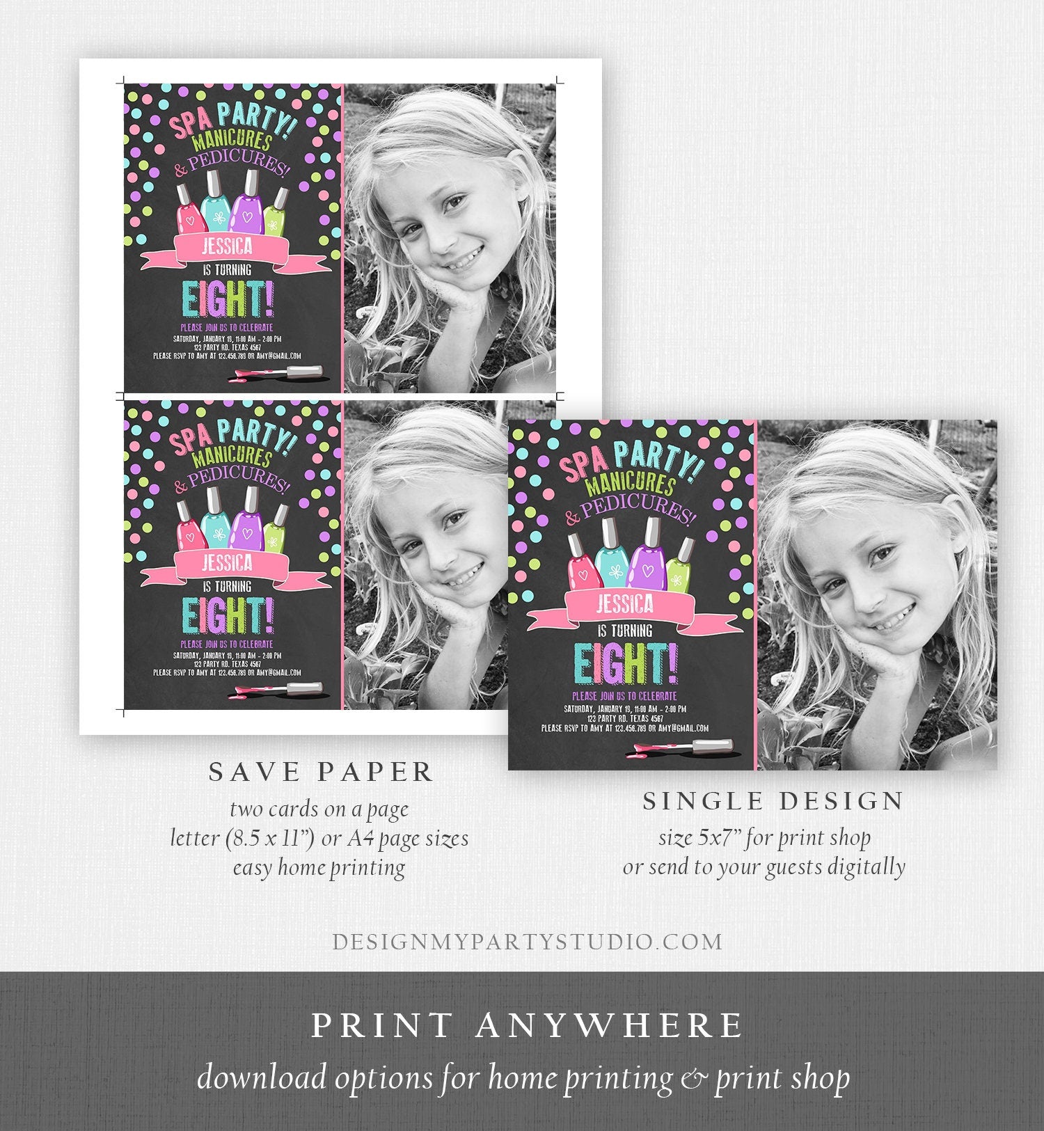 Editable Spa Birthday Invitation Manicures Pedicure Nail Salon Party Pink Purple Girl Instant Download Printable Corjl Template Digital 0210