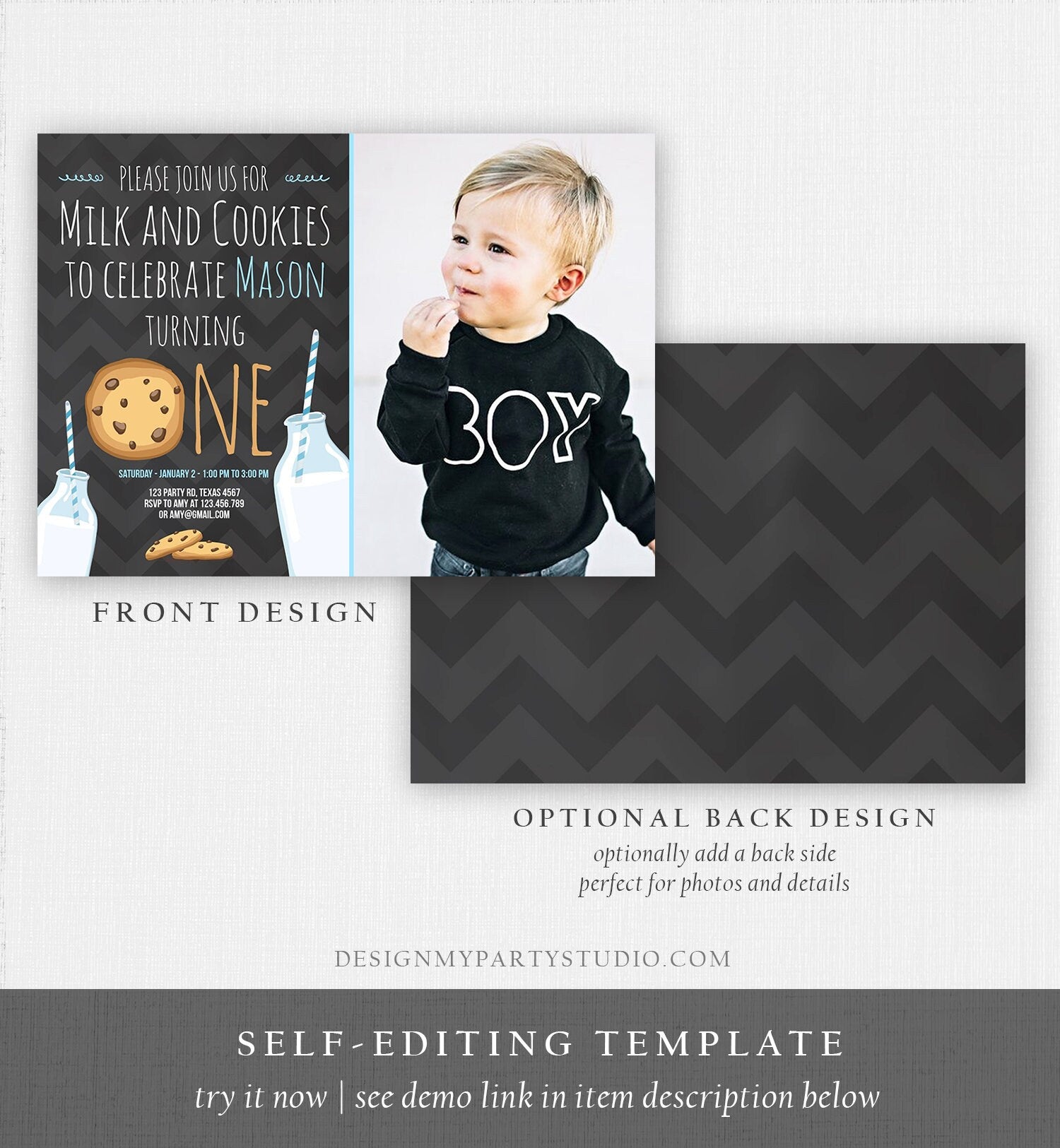 Editable Milk and Cookies Birthday Invitation Milk & Cookies Party Boy Birthday Blue First Birthday Printable Invitation Template Corjl 0088