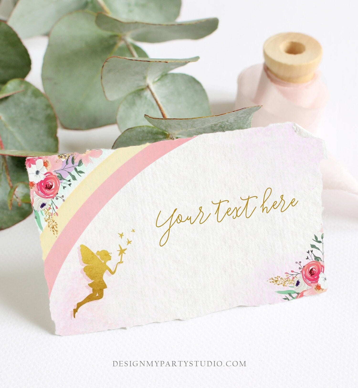 Editable Food Labels Rainbow Fairy Birthday Place Card Fairy Tent Card Escort Card Magical Birthday Girl Pink Gold Floral emplate Corjl 0208