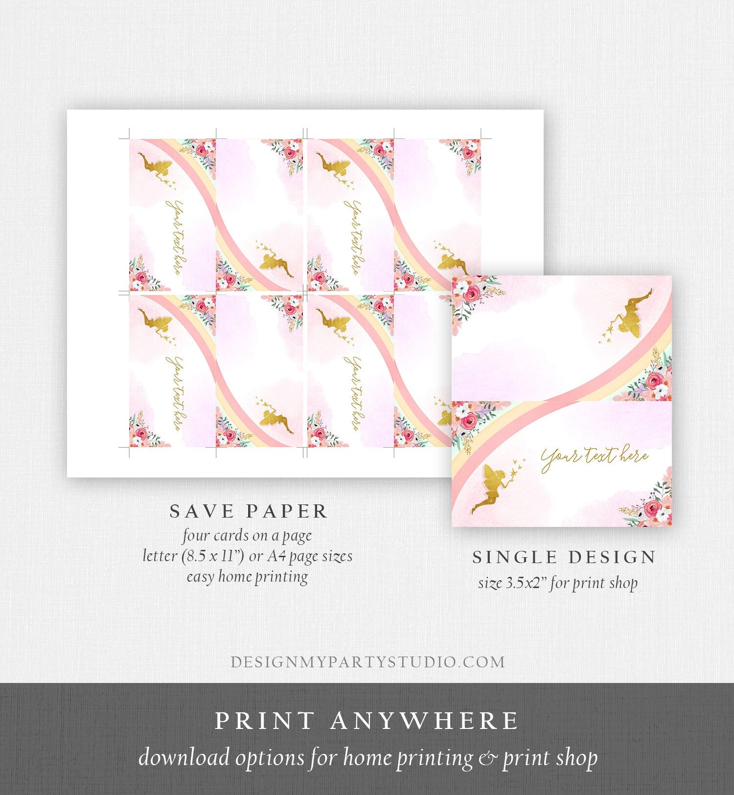 Editable Food Labels Rainbow Fairy Birthday Place Card Fairy Tent Card Escort Card Magical Birthday Girl Pink Gold Floral emplate Corjl 0208