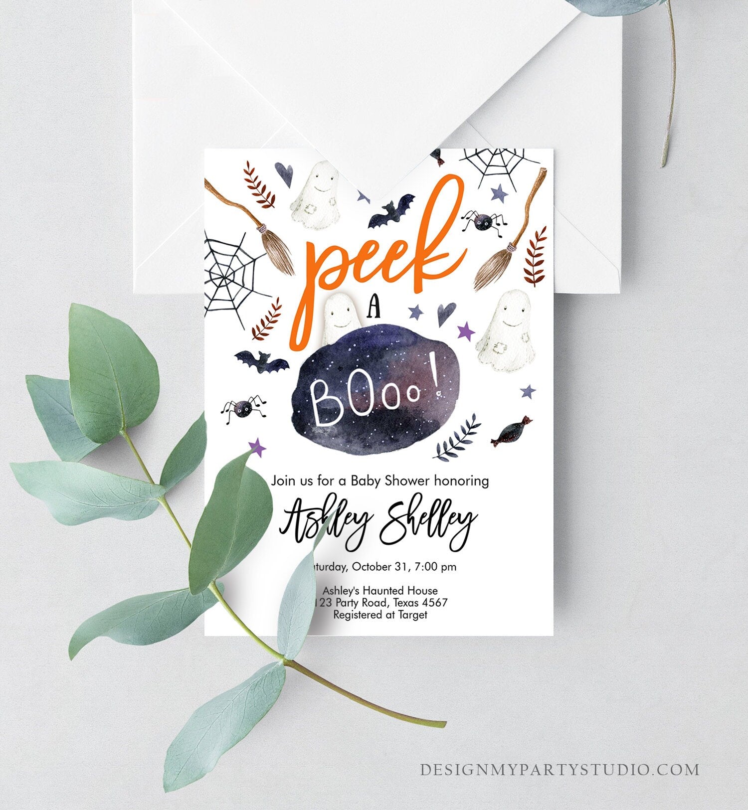 Editable Peek A Boo Baby Shower Invitation Cute Halloween Baby Shower Couples Shower Invite Gender Neutral Printable Template Corjl 0199