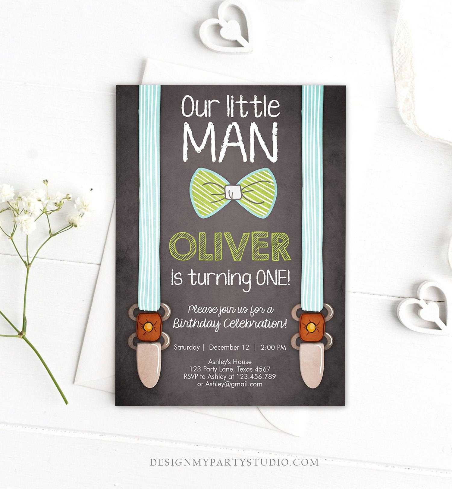 Editable Little Man Birthday Invitation Bow Tie Blue Green Boy 1st Birthday Suspenders Rustic Instant Download Printable Template Corjl 0063