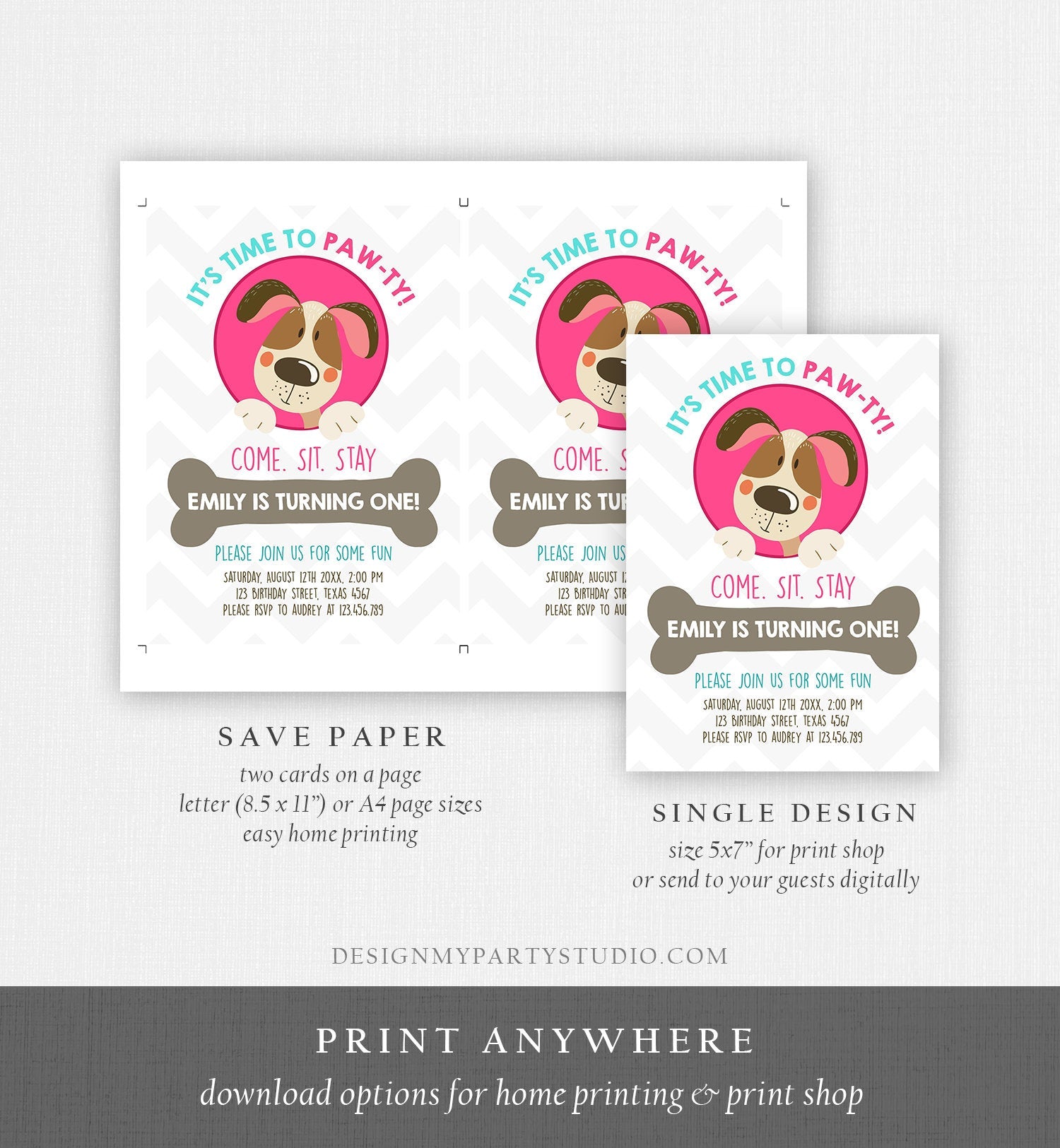 Editable Dog Invitation Dog Party Puppy Party Invite Dog Birthday paw-ty Invite Pink Girl Dog Theme Download Printable Template Corjl 0048