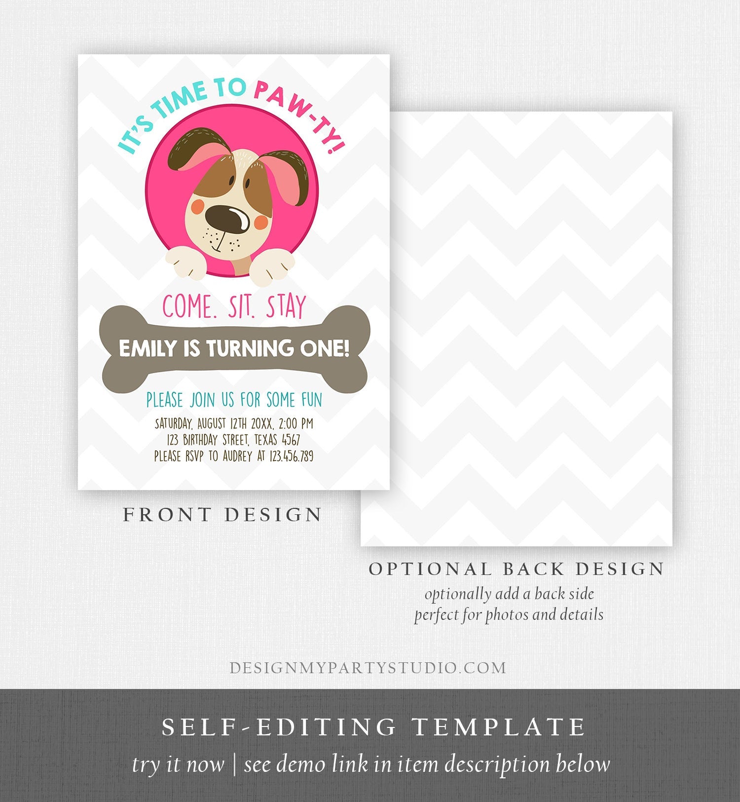 Editable Dog Invitation Dog Party Puppy Party Invite Dog Birthday paw-ty Invite Pink Girl Dog Theme Download Printable Template Corjl 0048