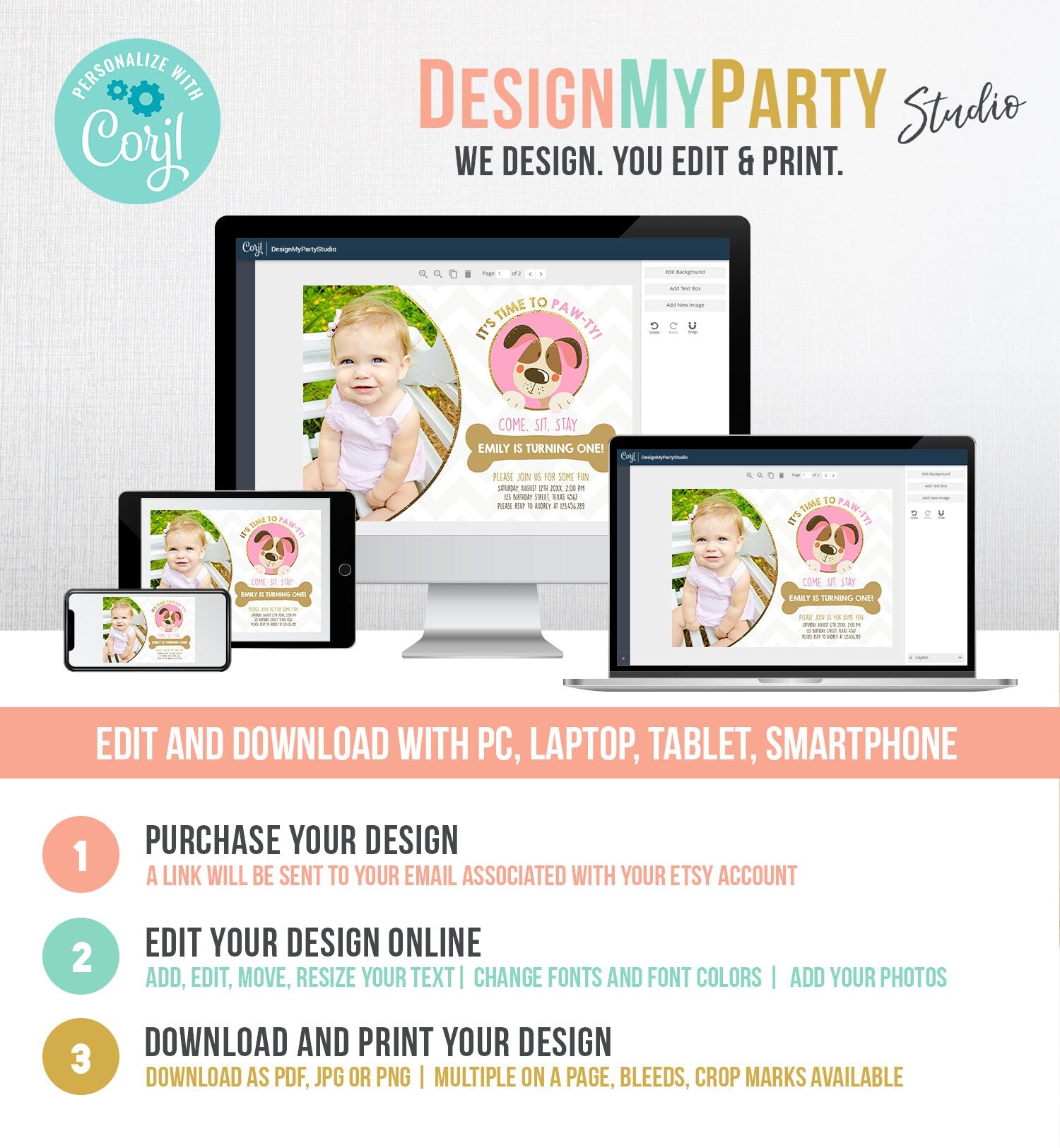 Editable Dog Invitation Dog Party Puppy Party Invite Dog Birthday paw-ty Invite Pink Girl Dog Theme Download Printable Template Corjl 0048