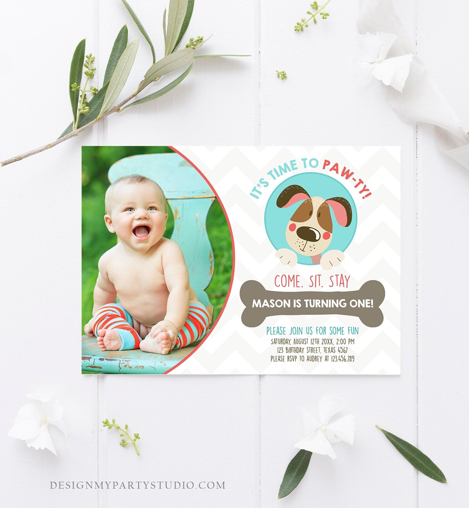 Editable Dog Invitation Dog Party Puppy Party Invite Dog Birthday paw-ty Invite Blue Boy Dog Theme Download Printable Template Corjl 0048