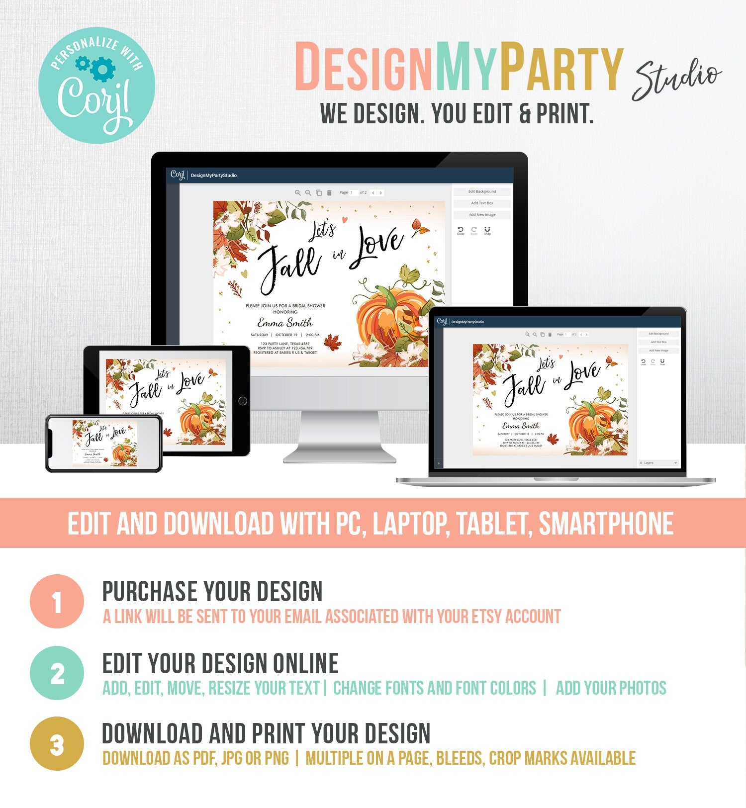 Editable Fall in Love Bridal Shower Invitation Pumpkin Autumn Floral Flowers String Lights Rustic Wood Engagement Corjl Template 0176