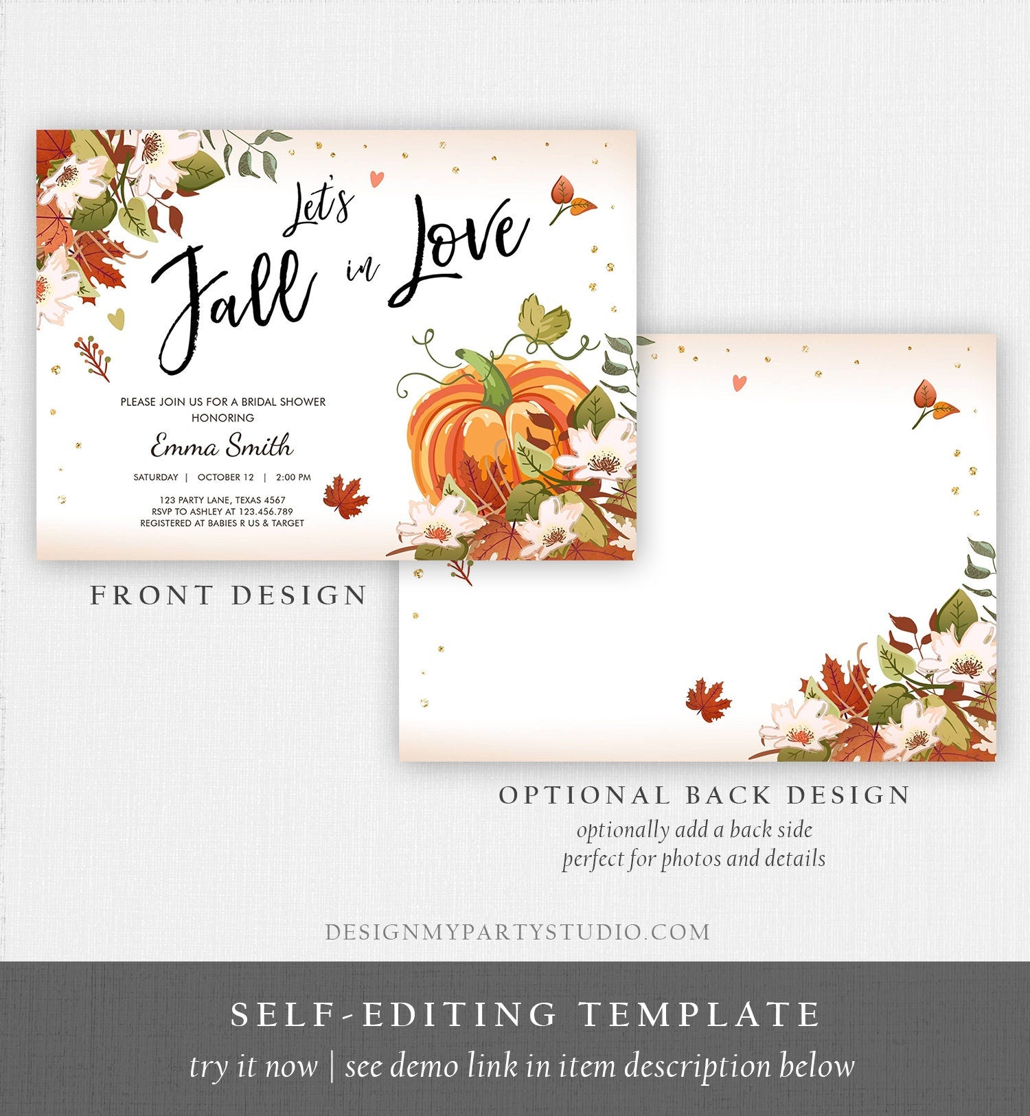 Editable Fall in Love Bridal Shower Invitation Pumpkin Autumn Floral Flowers String Lights Rustic Wood Engagement Corjl Template 0176