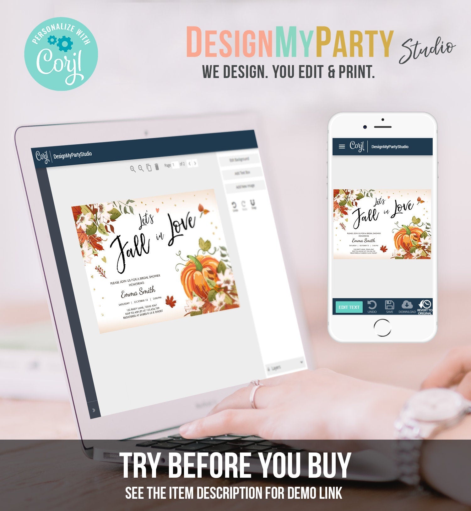 Editable Fall in Love Bridal Shower Invitation Pumpkin Autumn Floral Flowers String Lights Rustic Wood Engagement Corjl Template 0176