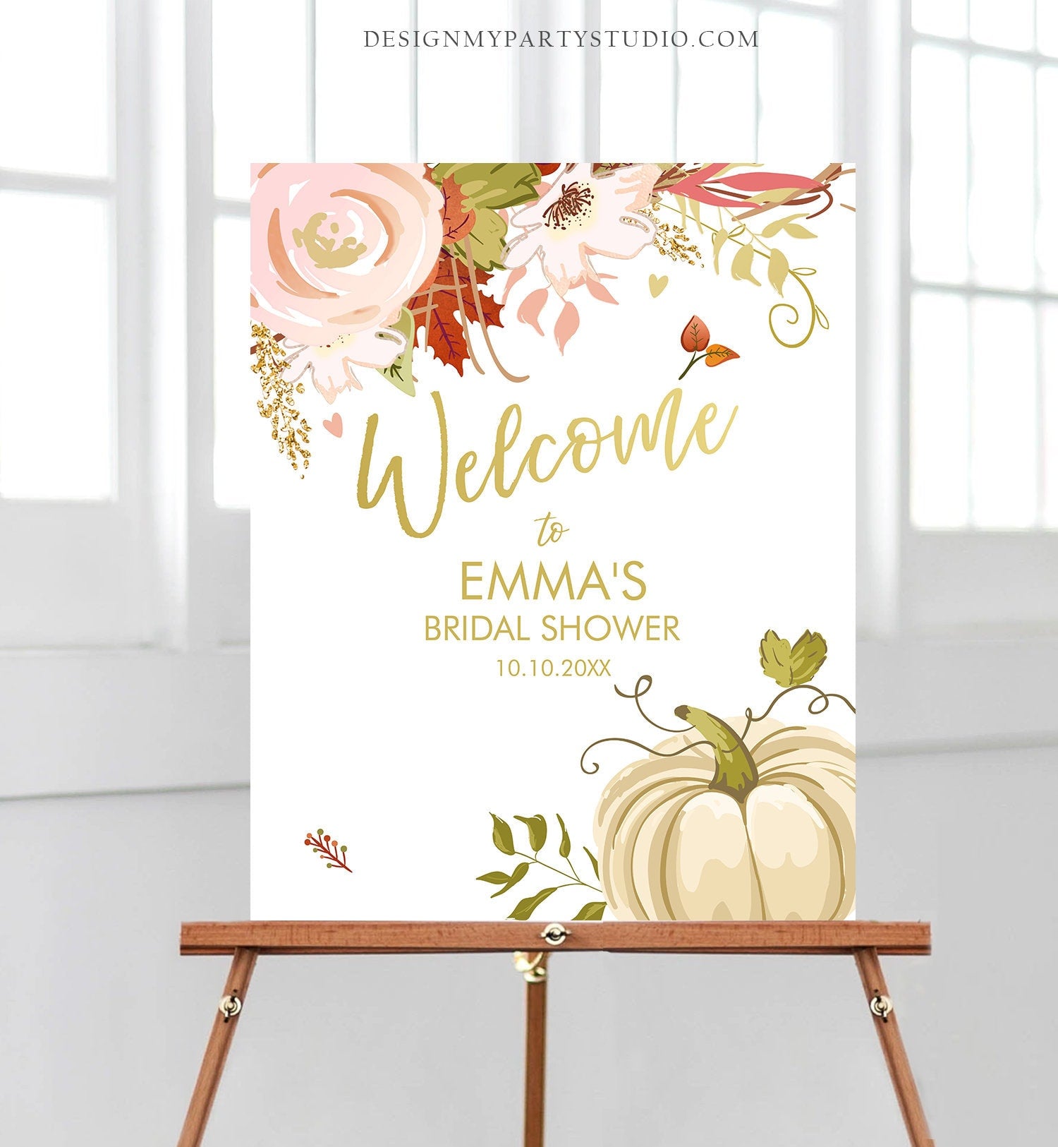 Editable Pumpkin Welcome Sign Fall in Love Autumn Bridal Shower Wedding Baby Shower Birthday Table Sign Rustic Floral Corjl Template 0176
