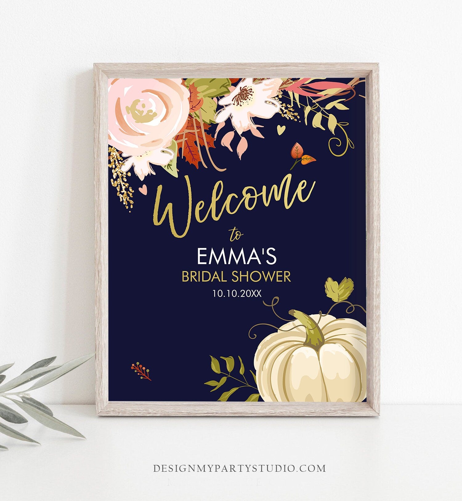 Editable Pumpkin Welcome Sign Fall in Love Autumn Bridal Shower Wedding Baby Shower Birthday Table Sign Rustic Floral Corjl Template 0176