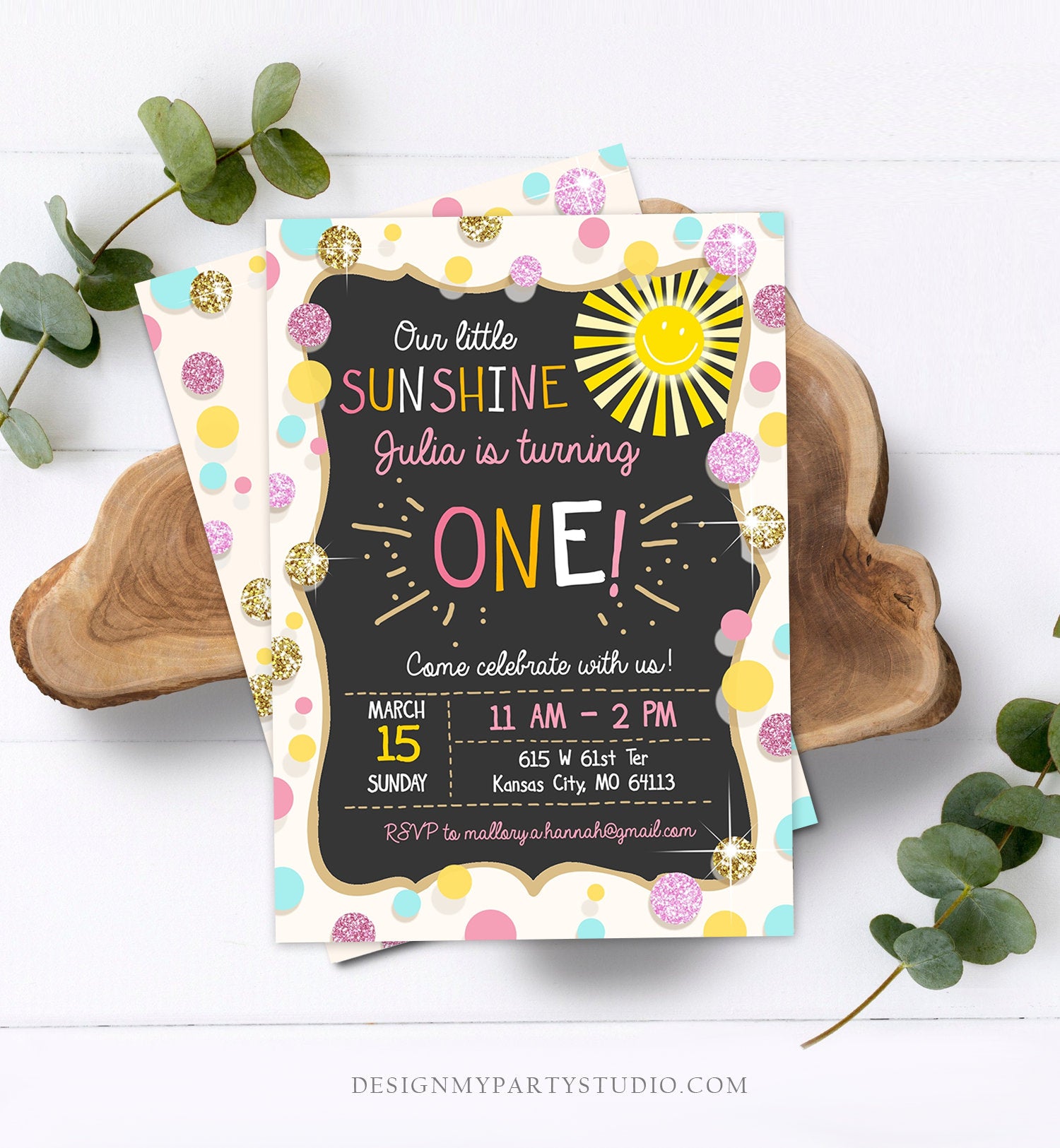 Editable Little Sunshine Birthday Invitation You are My Sunshine Lemonade Girl First Birthday Pink Gold 1st Corjl Template Printable 0097