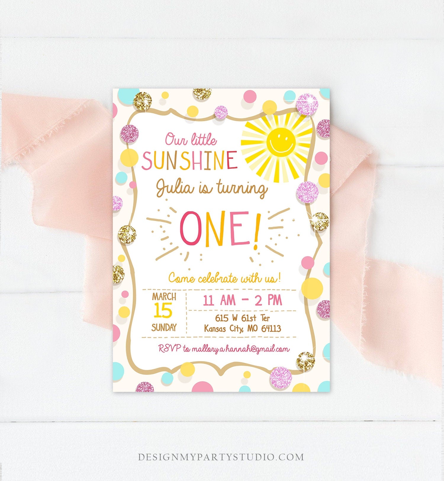Editable Little Sunshine Birthday Invitation You are My Sunshine Lemonade Girl First Birthday Pink Gold 1st Corjl Template Printable 0097
