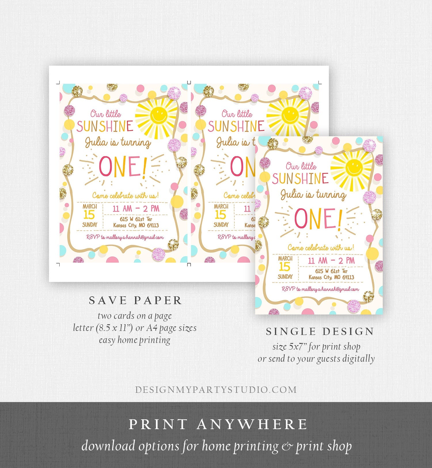 Editable Little Sunshine Birthday Invitation You are My Sunshine Lemonade Girl First Birthday Pink Gold 1st Corjl Template Printable 0097