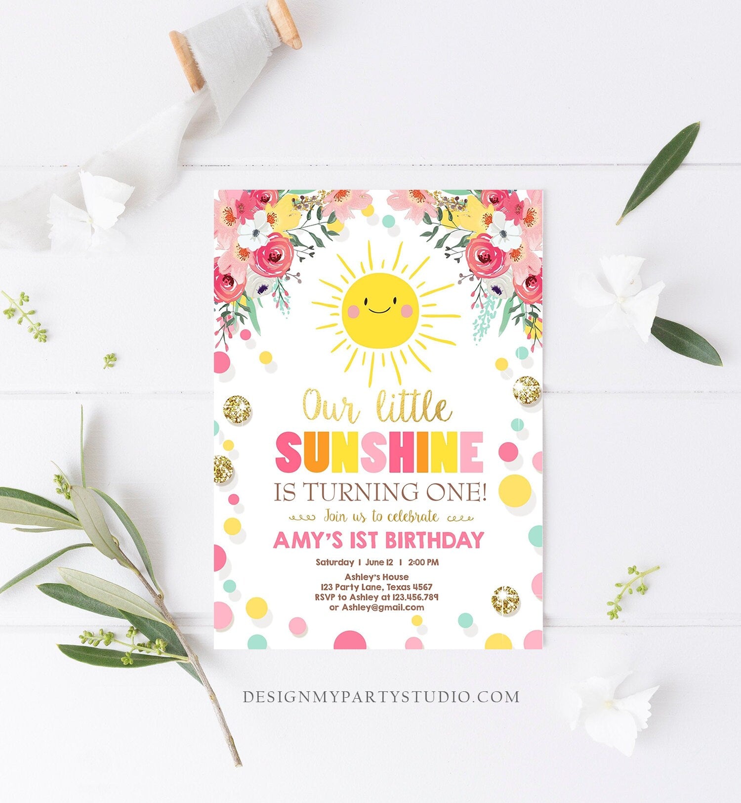 Editable Little Sunshine Birthday Invitation You are My Sunshine Lemonade Girl First Birthday Pink Gold 1st Corjl Template Printable 0244