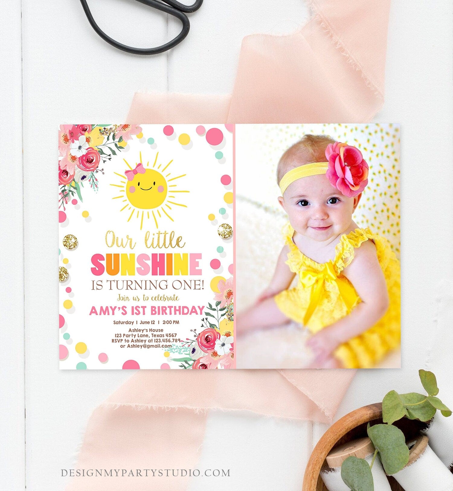 Editable Little Sunshine Birthday Invitation Bow You are My Sunshine Lemonade Girl First Birthday Pink Gold Corjl Template Printable 0244