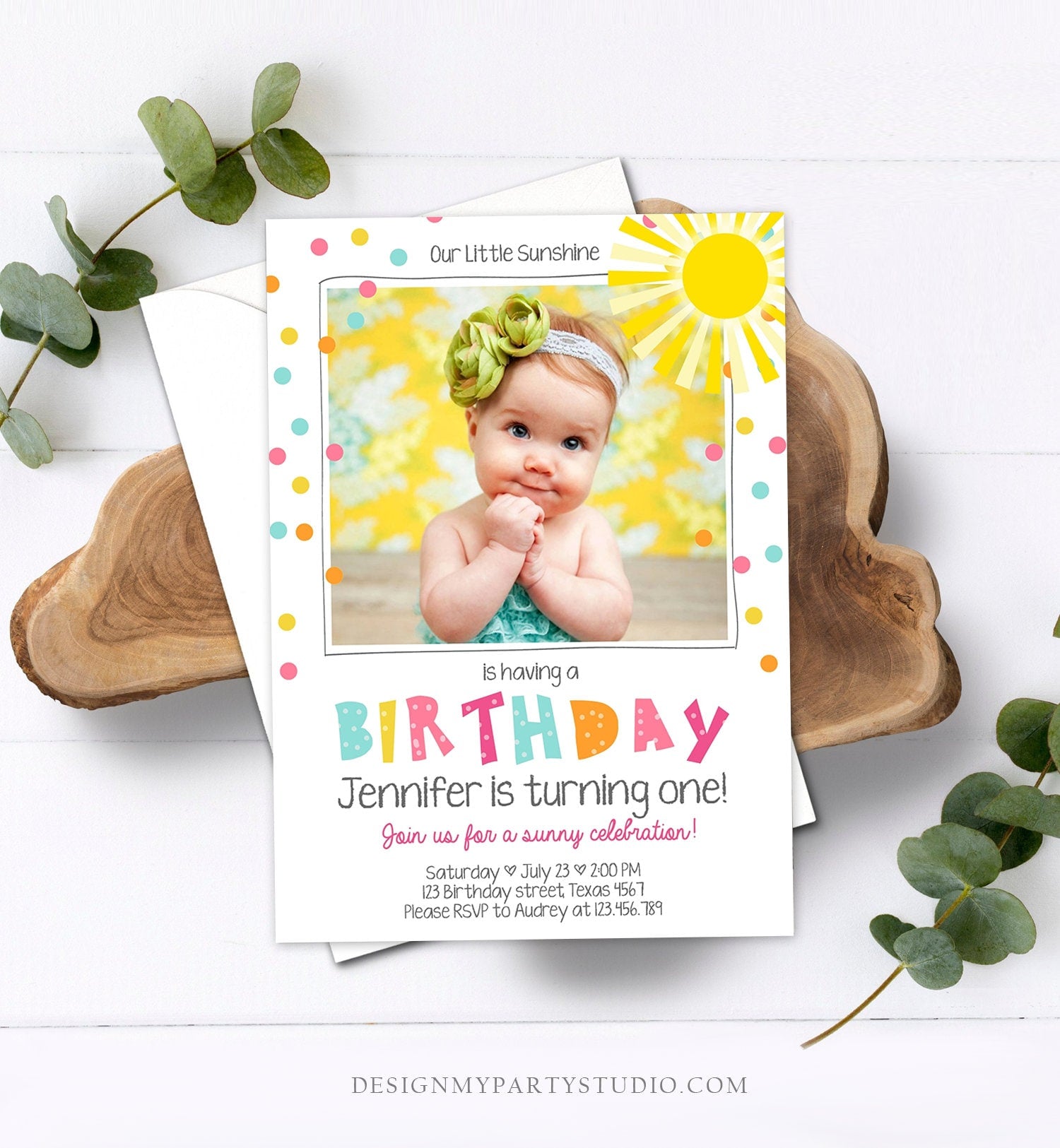 Editable Birthday Invitation Our Little Sunshine You Are My Sunshine Pink Girl Confetti Rainbow Printable Invite Template Corjl 0215