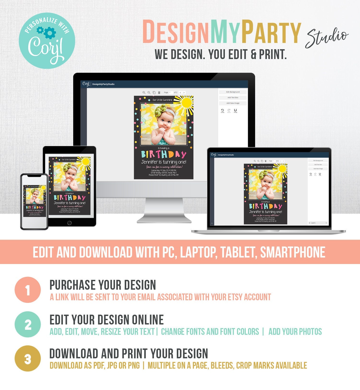 Editable Birthday Invitation Our Little Sunshine You Are My Sunshine Pink Girl Confetti Rainbow Printable Invite Template Corjl 0215