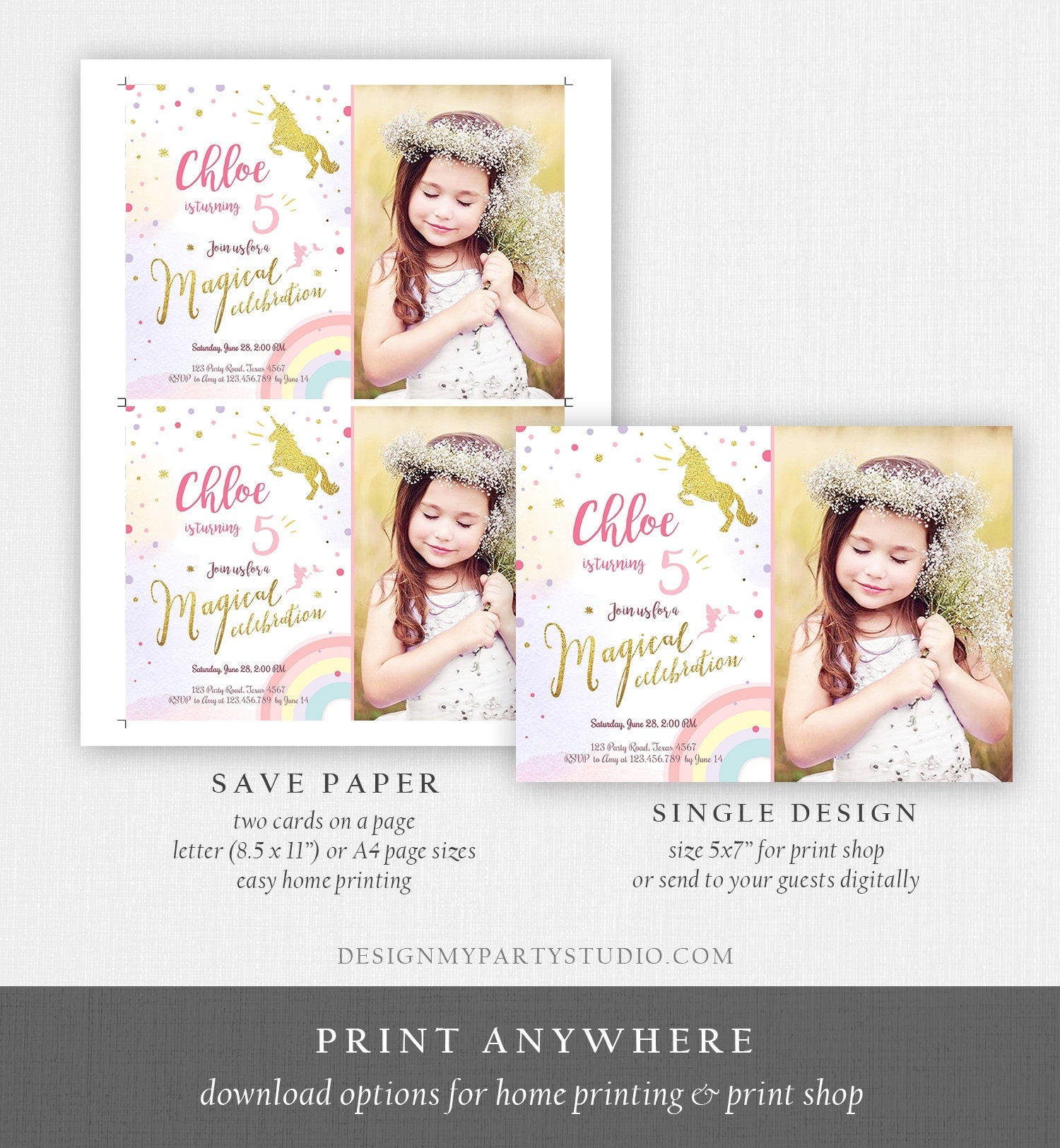 Editable Rainbow Unicorn Birthday Invitation Unicorn Magical Birthday Girl Gold Pink Instant Download Printable Template Digital Corjl 0041