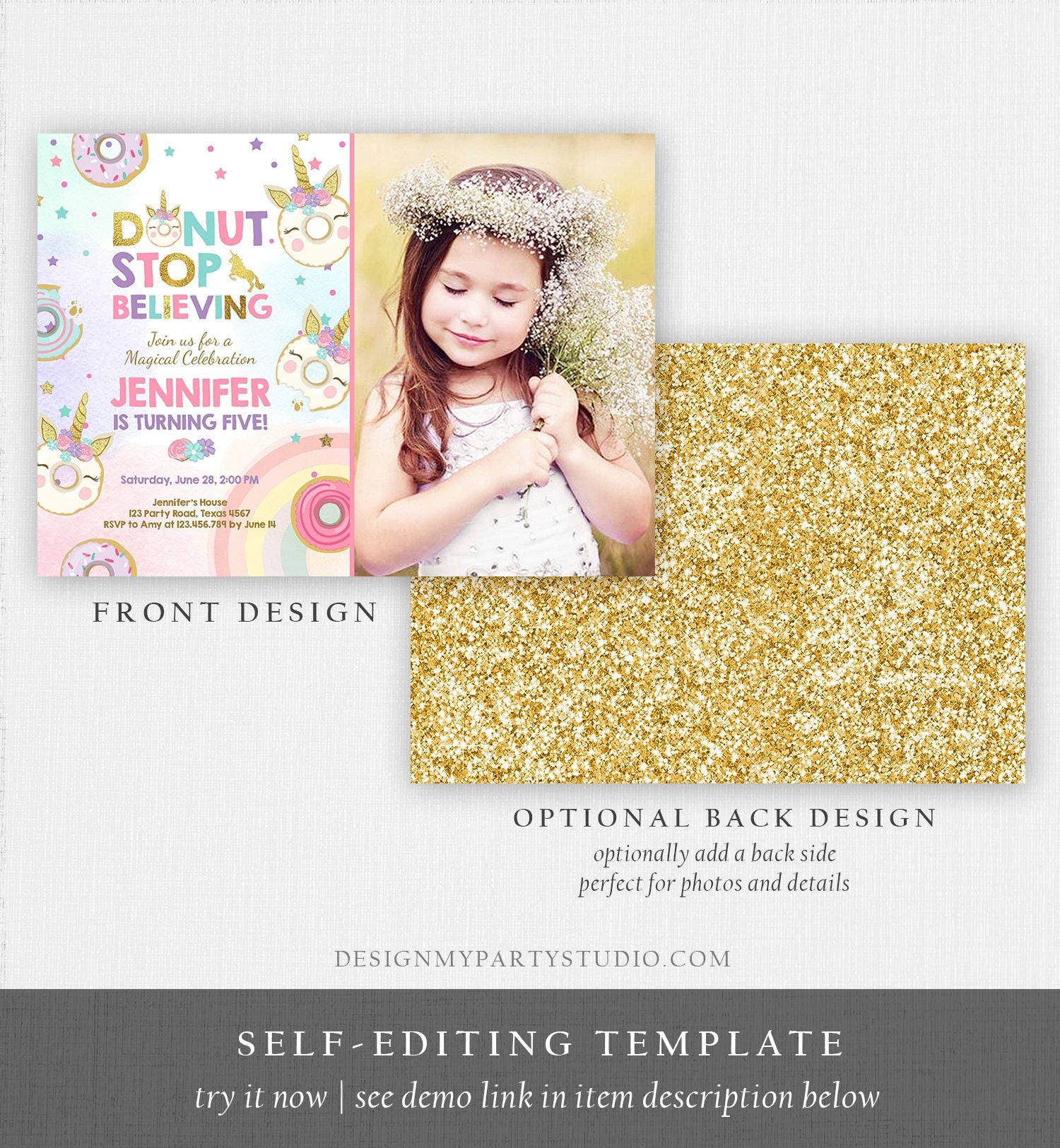 Editable Unicorn Donut Birthday Invitation Donut Stop Believing Magical Rainbow Girl Pink Purple Gold Glitter Printable Corjl Template 0041