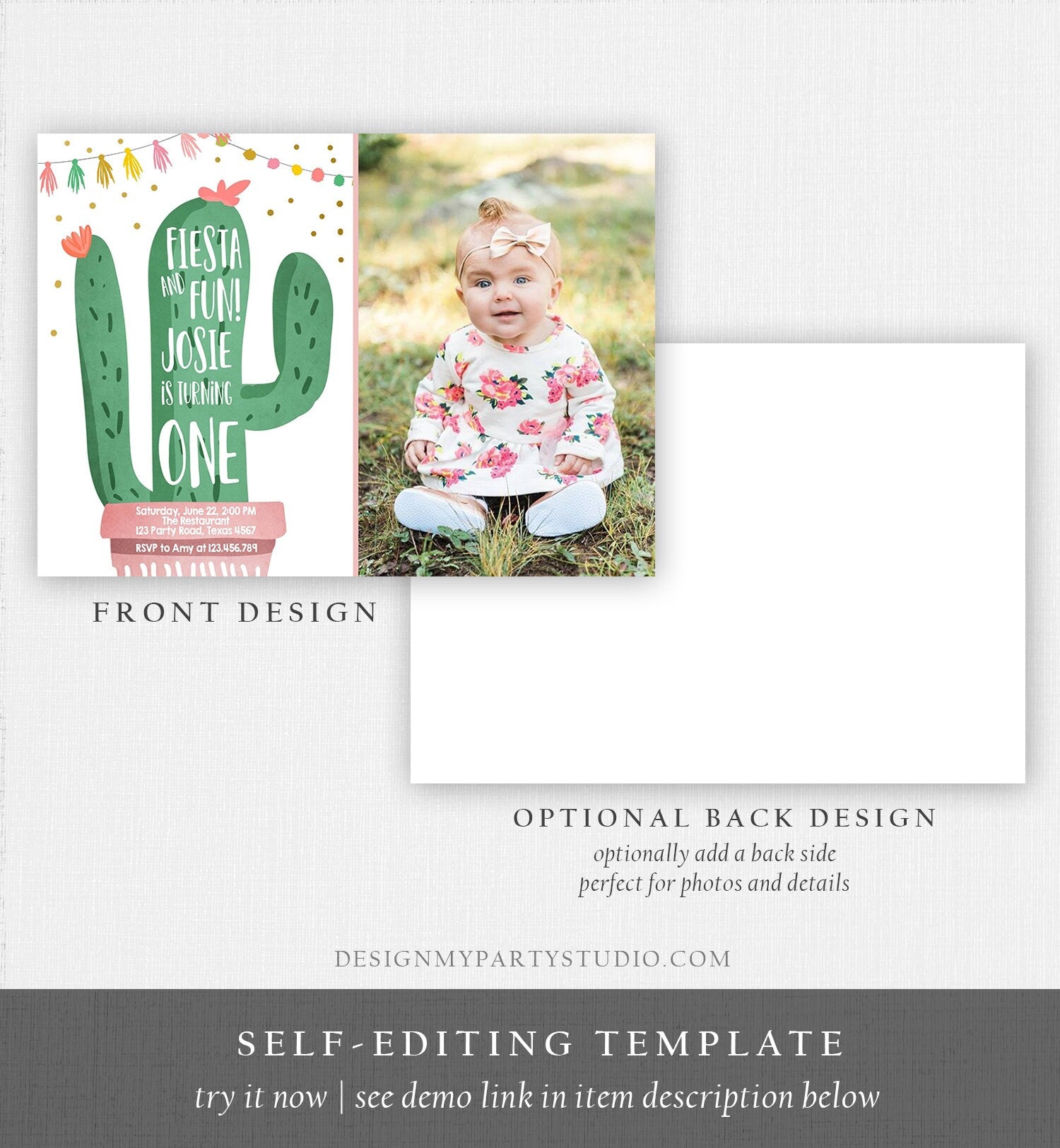 Editable Cactus Fiesta Birthday Invitation Girl Pink First Birthday Succulent 1st Mexican Fiesta and Fun Corjl Photo Template Printable 0255