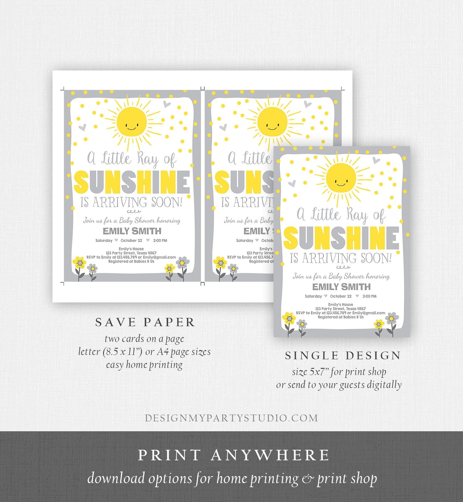 Editable Baby Shower Invitation A Ray of Sunshine Little Sunshine Neutral Grey Yellow Summer Baby Template Download Digital Corjl 0070