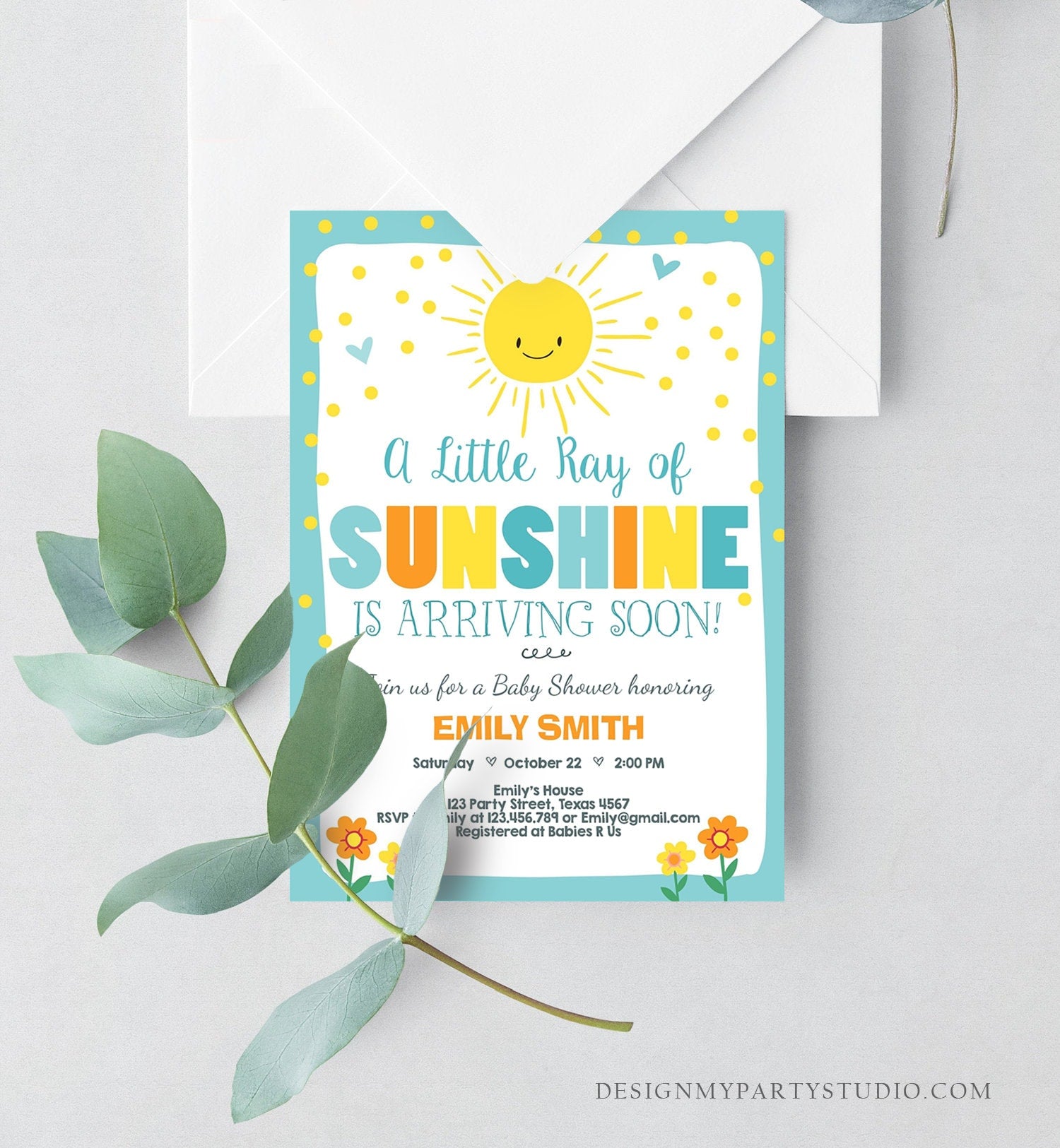Editable Baby Shower Invitation A Ray of Sunshine Little Sunshine Blue Yellow Boy Invite Template Instant Download Digital Corjl 0070