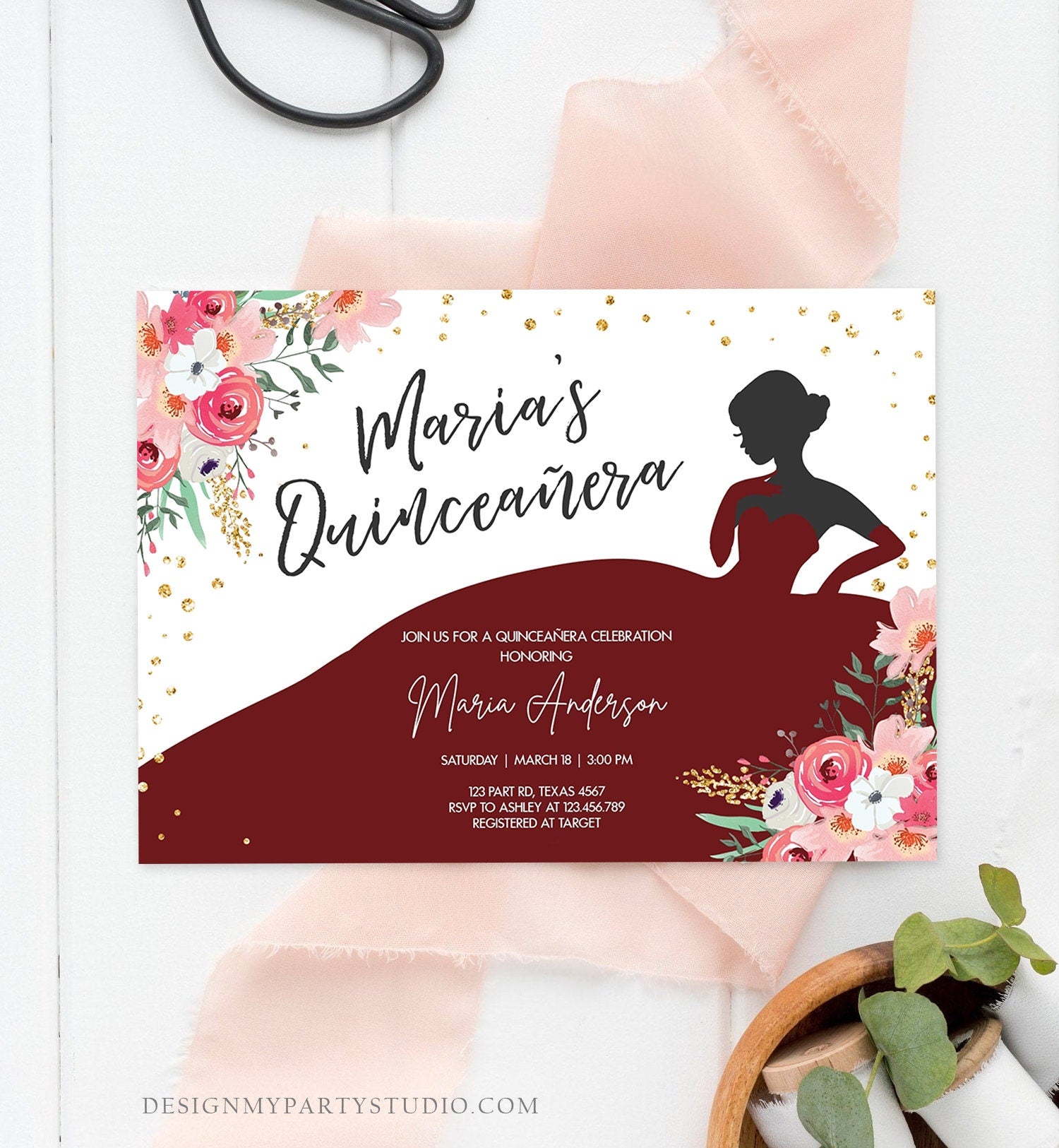 Editable Quinceañera Birthday Party Invitation Ball Fiesta Gown Floral Pink Burgundy Gold Confetti Flowers Printable Template Corjl 0030