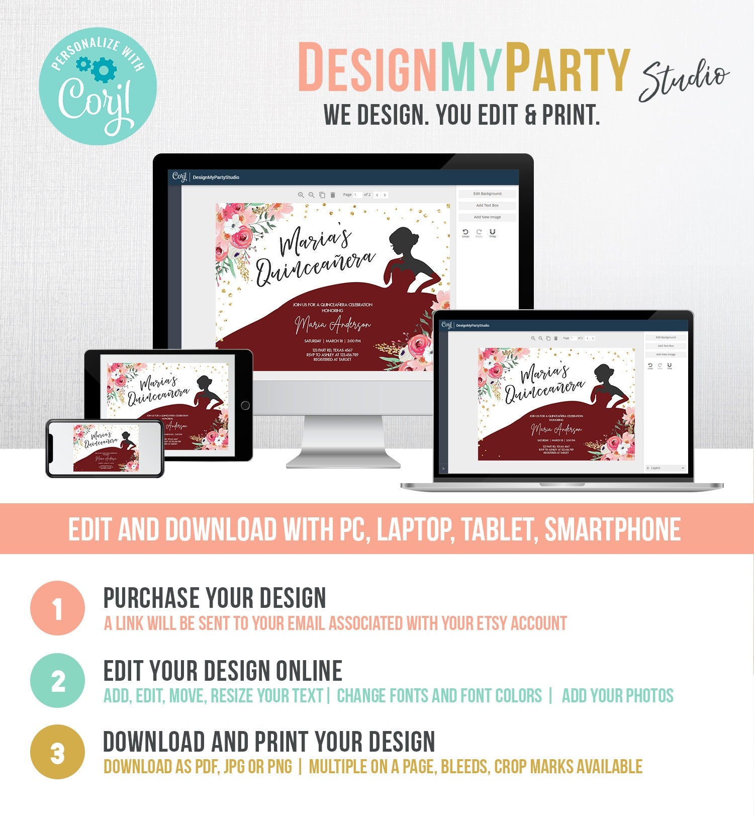 Editable Quinceañera Birthday Party Invitation Ball Fiesta Gown Floral Pink Burgundy Gold Confetti Flowers Printable Template Corjl 0030