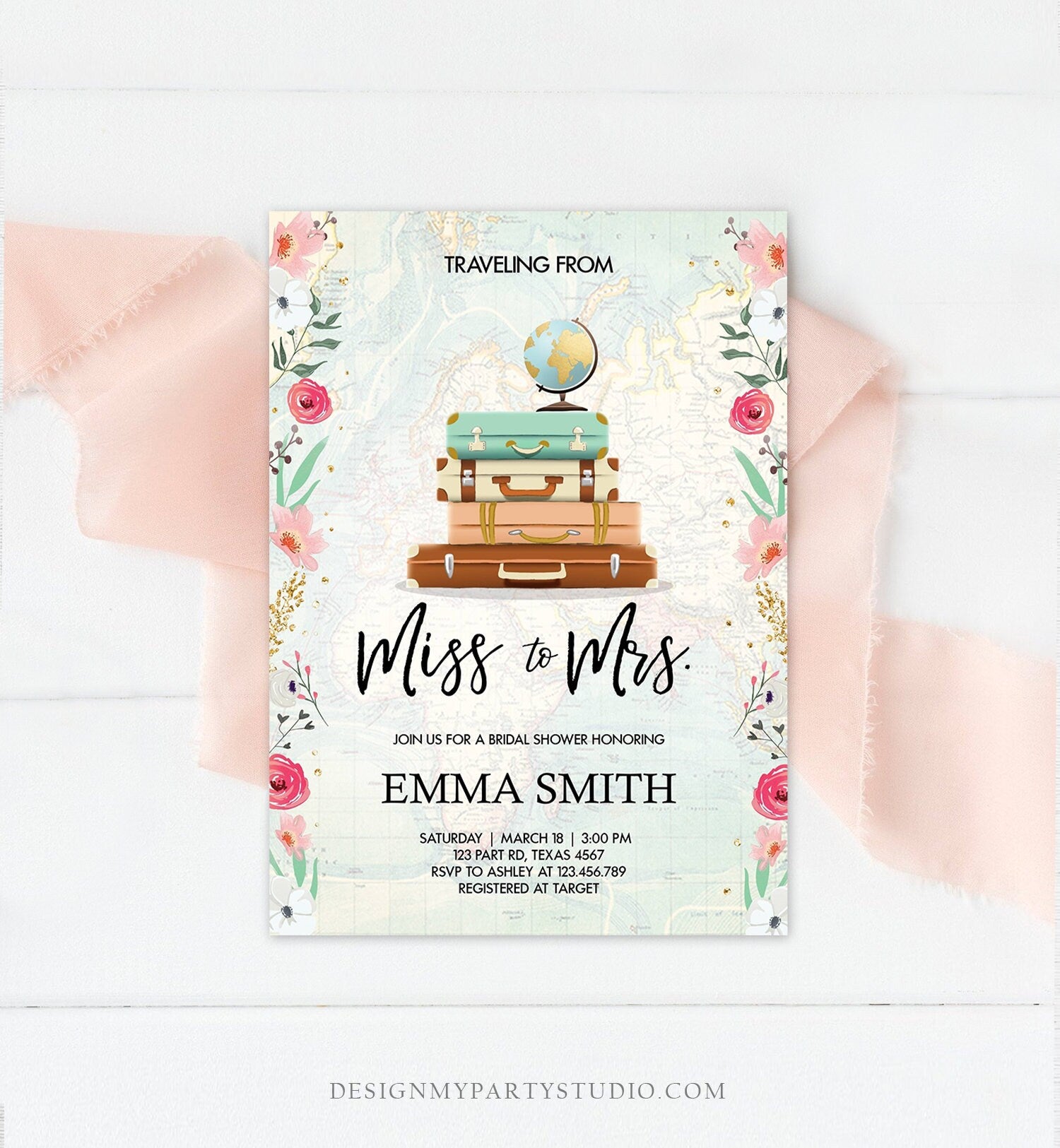 Editable Miss to Mrs Travel Bridal Shower Invitation Flowers Globe Suitcase Gold Confetti Traveling Download Printable Corjl Template 0030