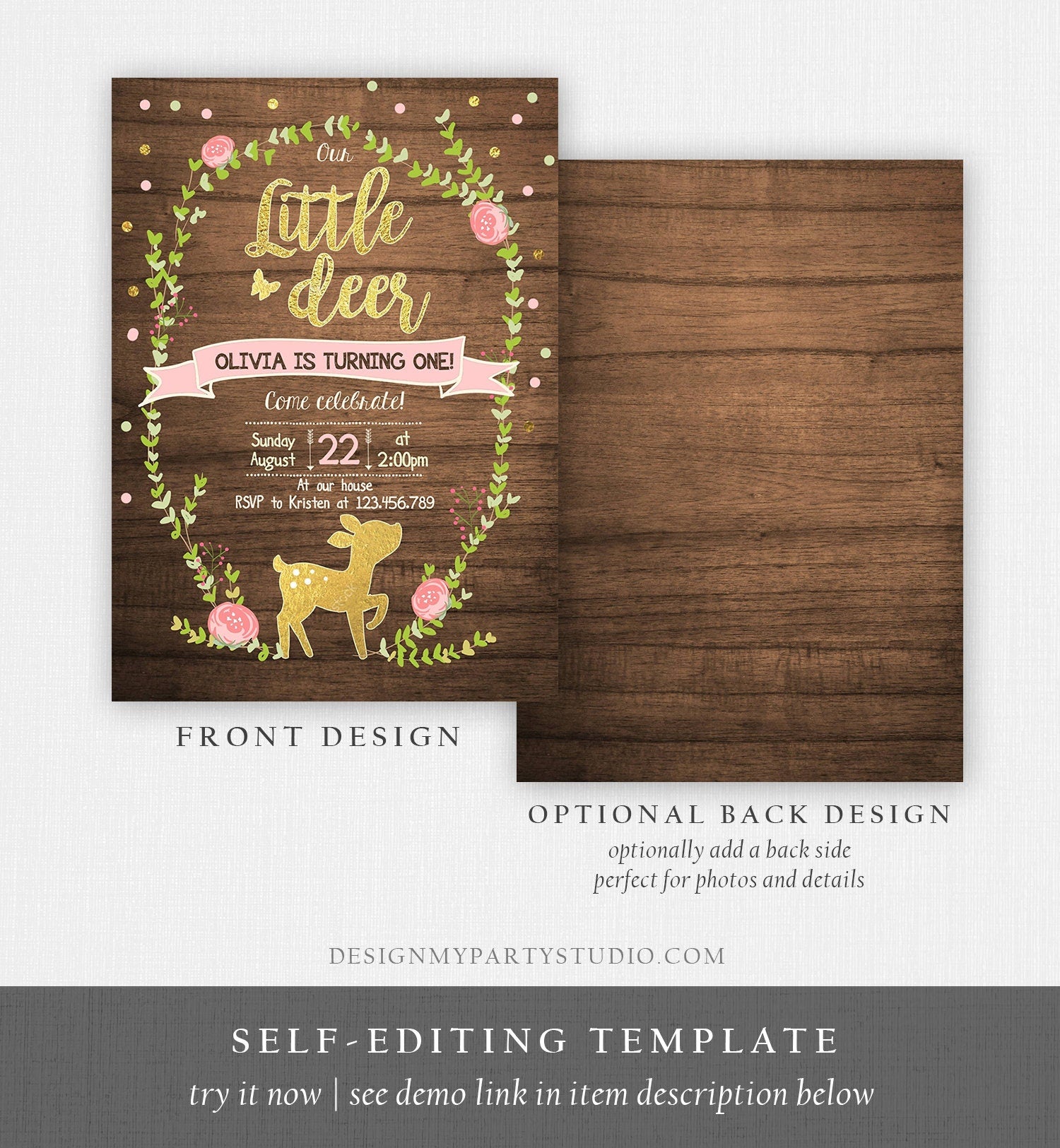 Editable Our Little Deer Birthday Invitation Pink and Gold Girl Birthday Floral Woodland Download Printable Template Corjl Digital 0085