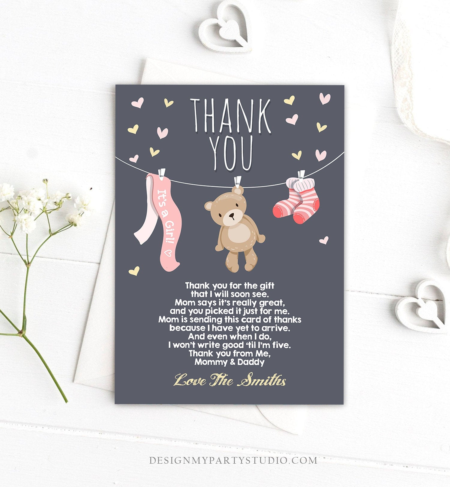 Editable Baby Shower Thank You Card Teddy Bear Thank You Note Shower Pink Girl Woodland Animals Template Instant Download Digital Corjl 0025