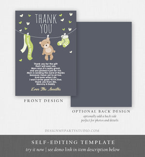 Editable Baby Shower Thank You Card Teddy Bear Thank You Note Shower Gender Neutral Green Woodland Animals Download Digital Corjl 0025